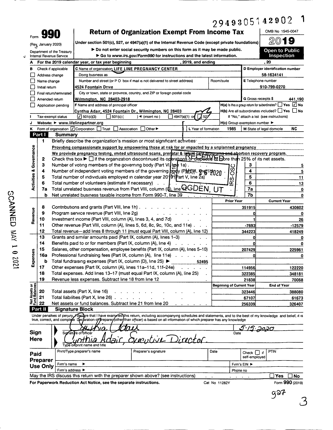 Image of first page of 2019 Form 990 for Life Line Pregnancy Center