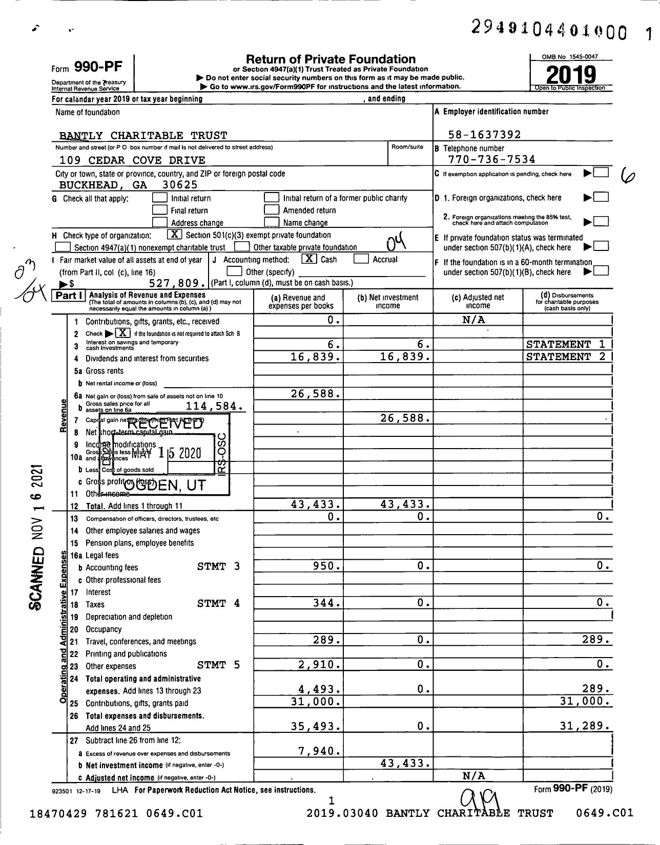 Image of first page of 2019 Form 990PF for Bantly Charitable Trust