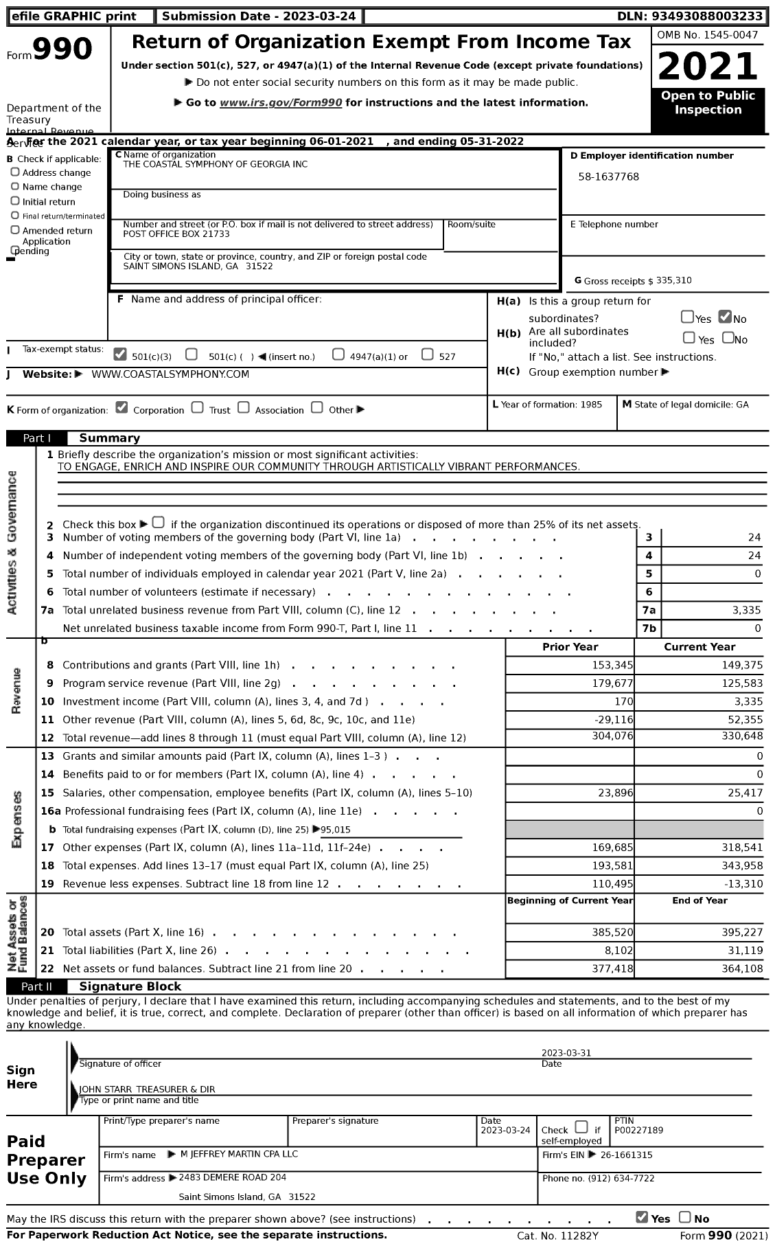 Image of first page of 2021 Form 990 for The Coastal Symphony of Georgia