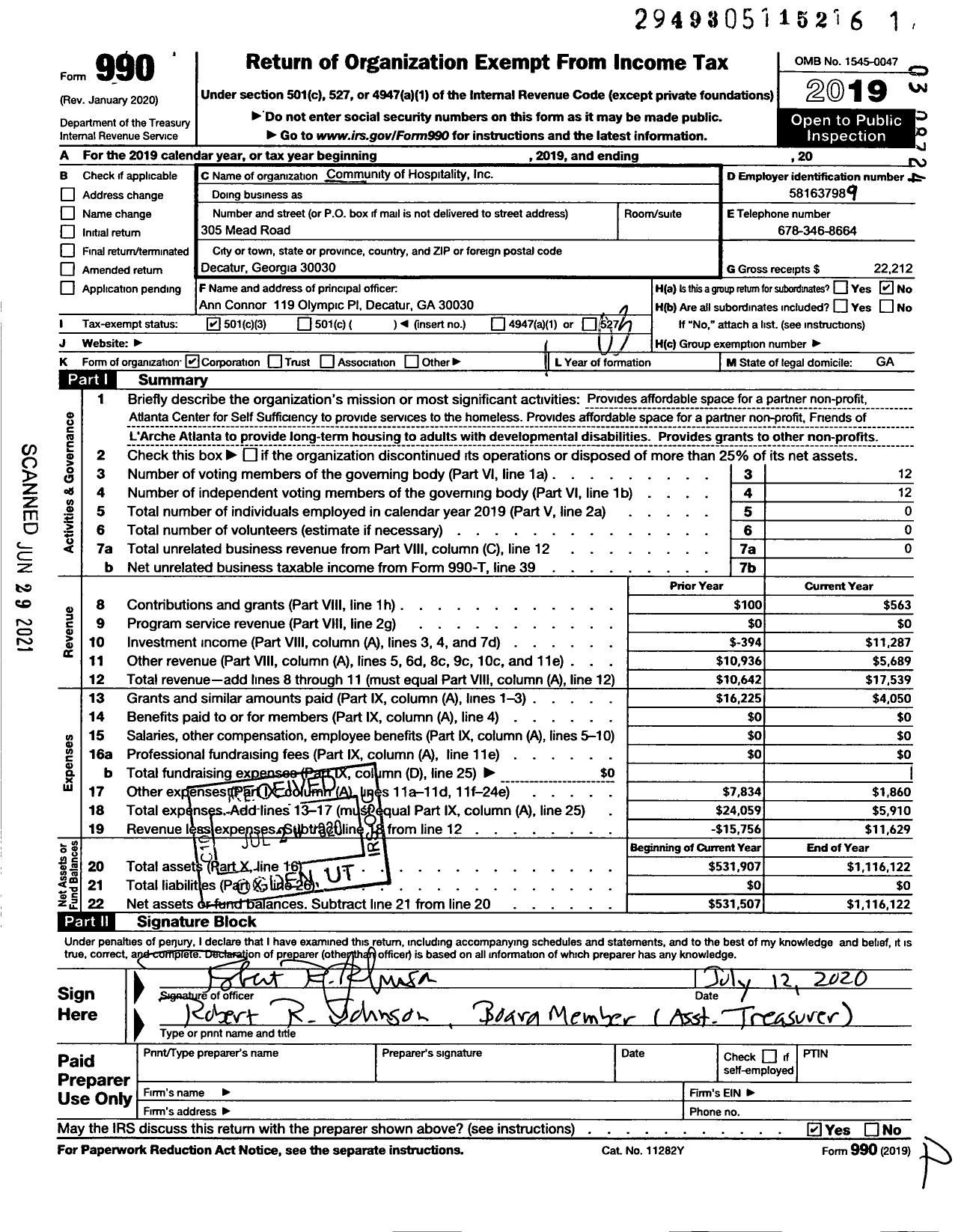 Image of first page of 2019 Form 990 for Community of Hospitality