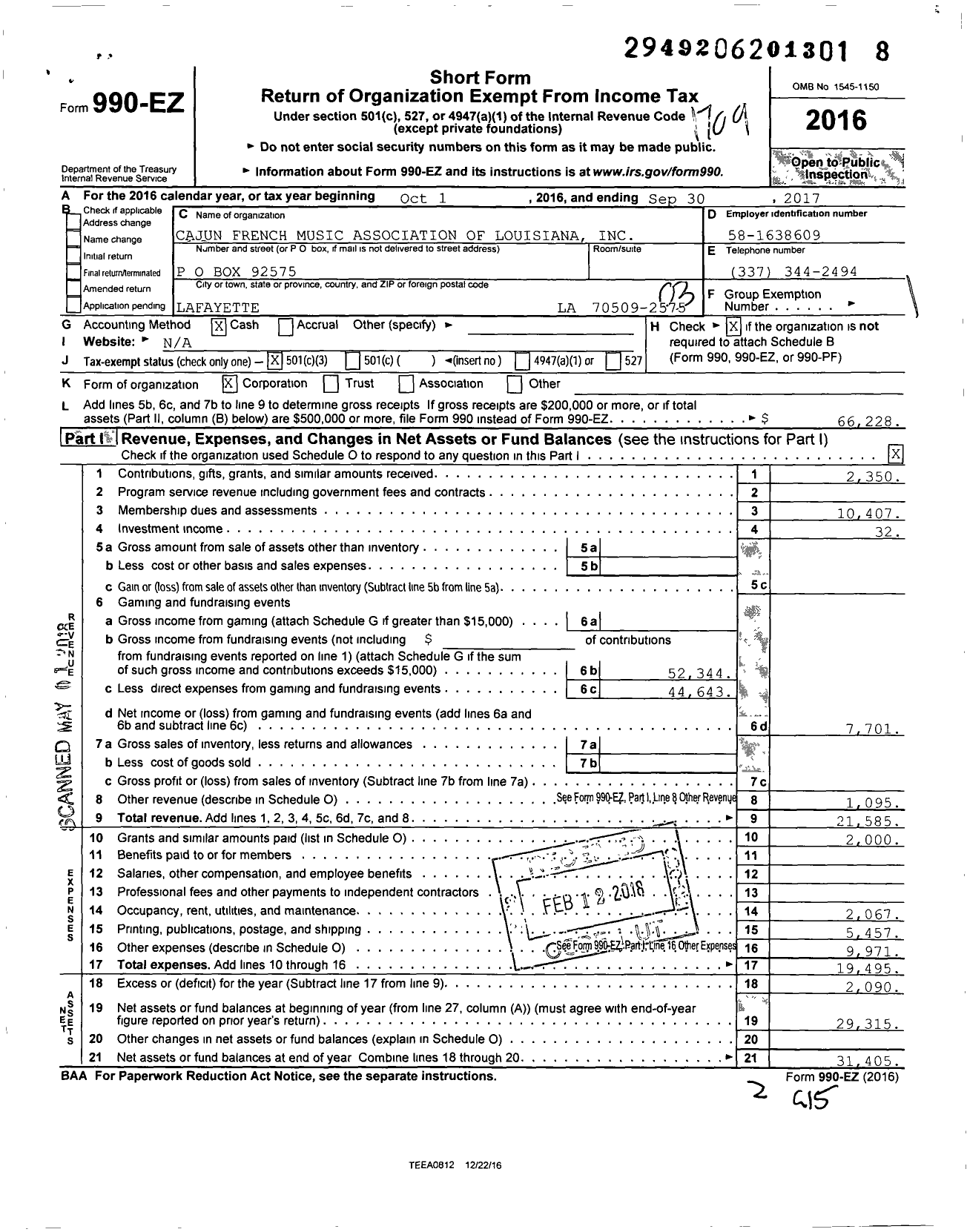 Image of first page of 2016 Form 990EZ for Cajun French Music Association of Louisiana