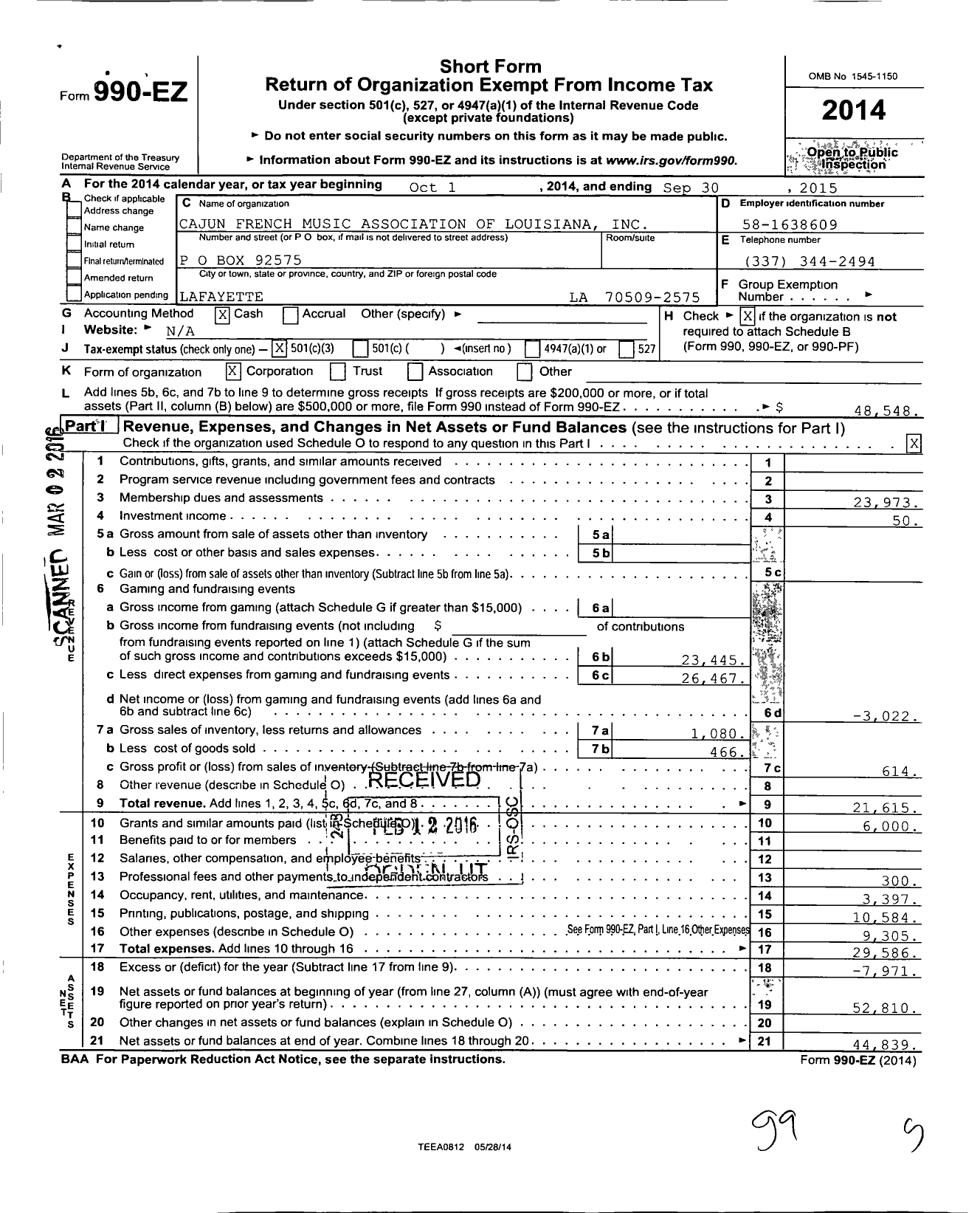 Image of first page of 2014 Form 990EZ for Cajun French Music Association of Louisiana