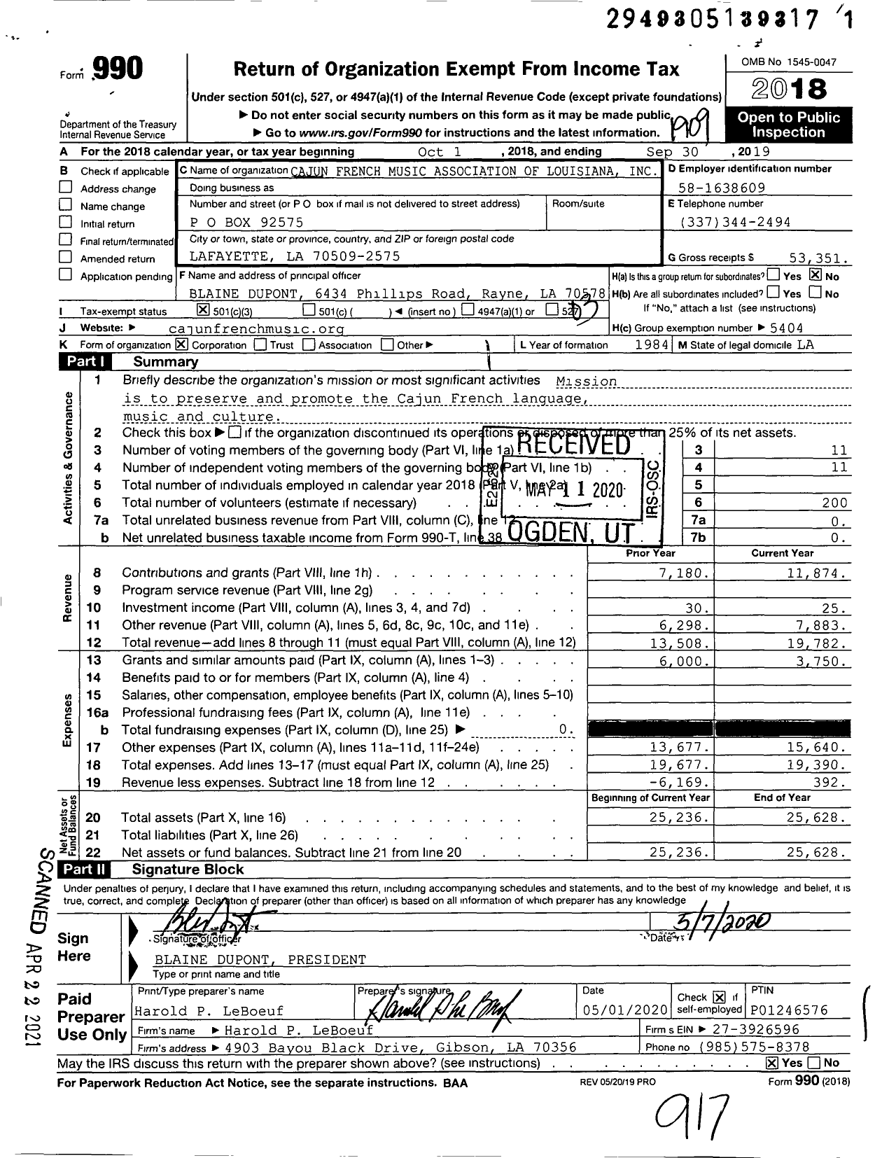 Image of first page of 2018 Form 990 for Cajun French Music Association of Louisiana