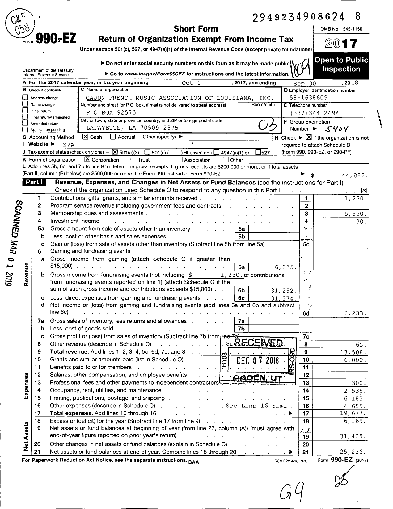 Image of first page of 2017 Form 990EZ for Cajun French Music Association of Louisiana