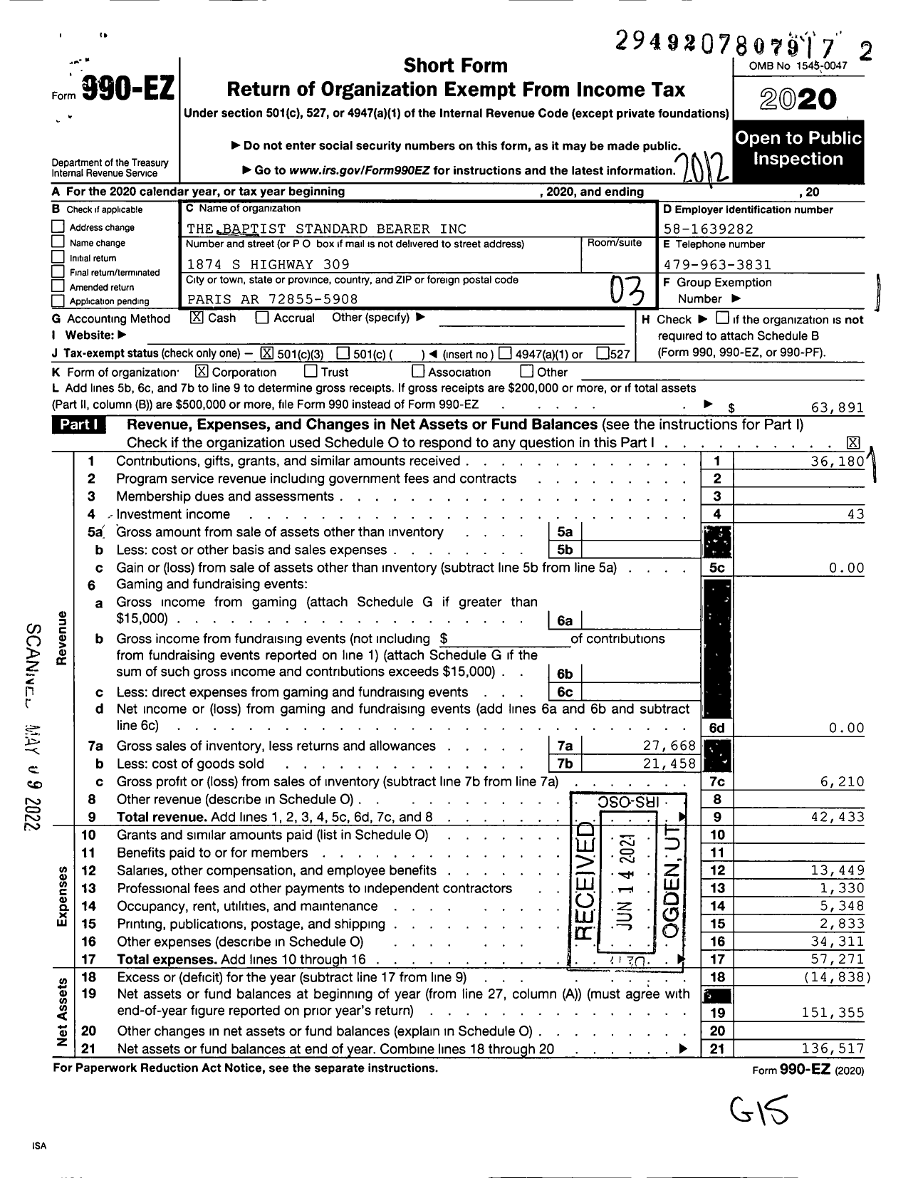 Image of first page of 2020 Form 990EZ for The Baptist Standard Bearer