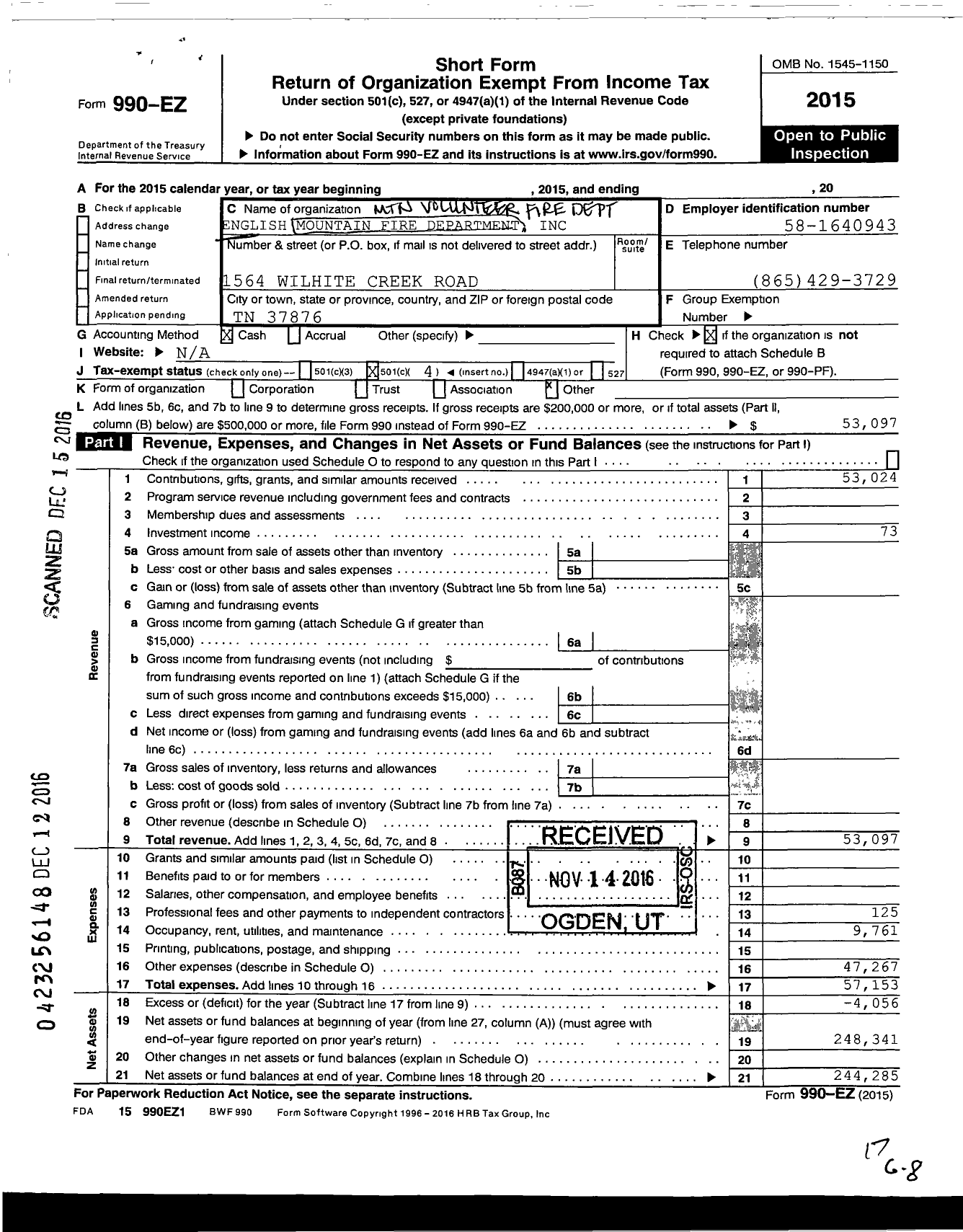 Image of first page of 2015 Form 990EO for English MTN Volunteer Fire Dept