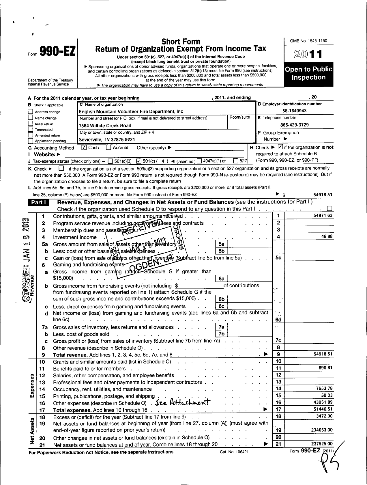 Image of first page of 2011 Form 990EO for English MTN Volunteer Fire Dept