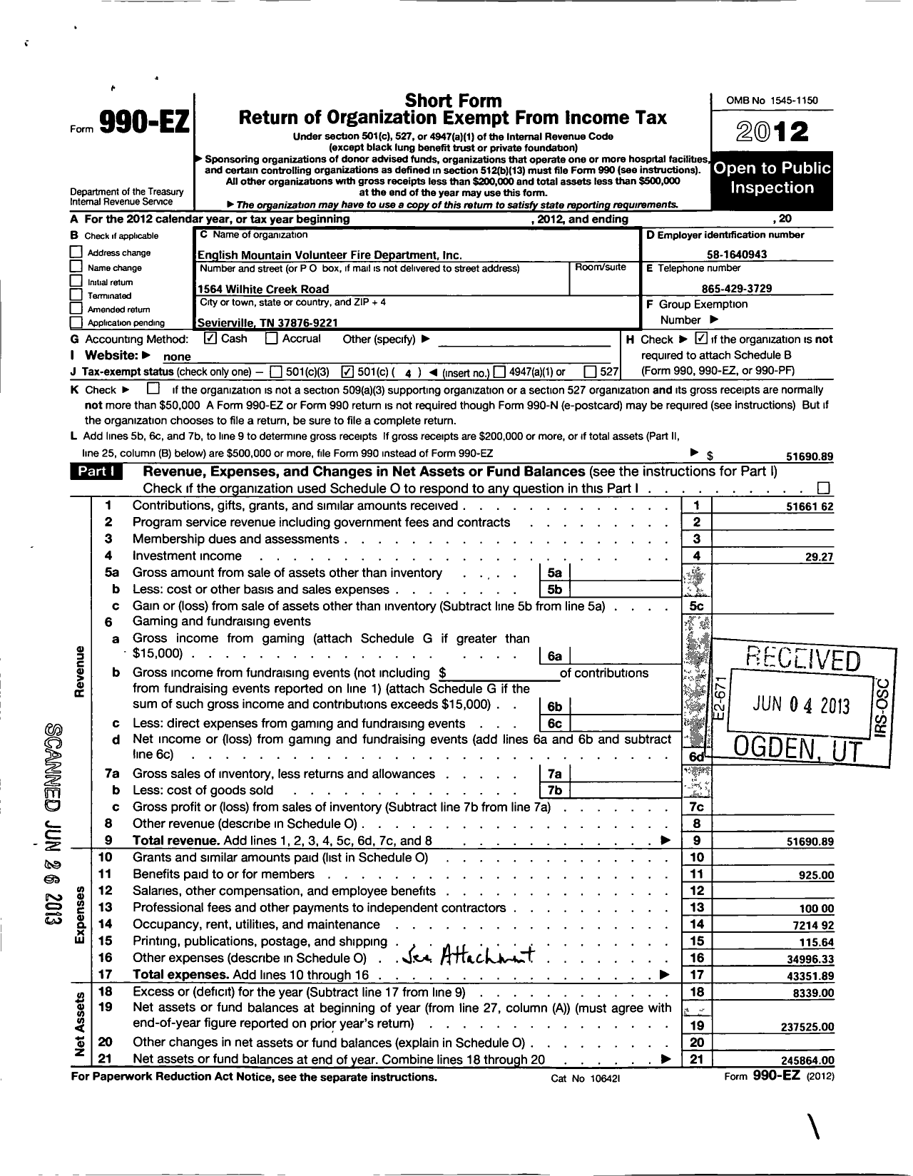 Image of first page of 2012 Form 990EO for English MTN Volunteer Fire Dept