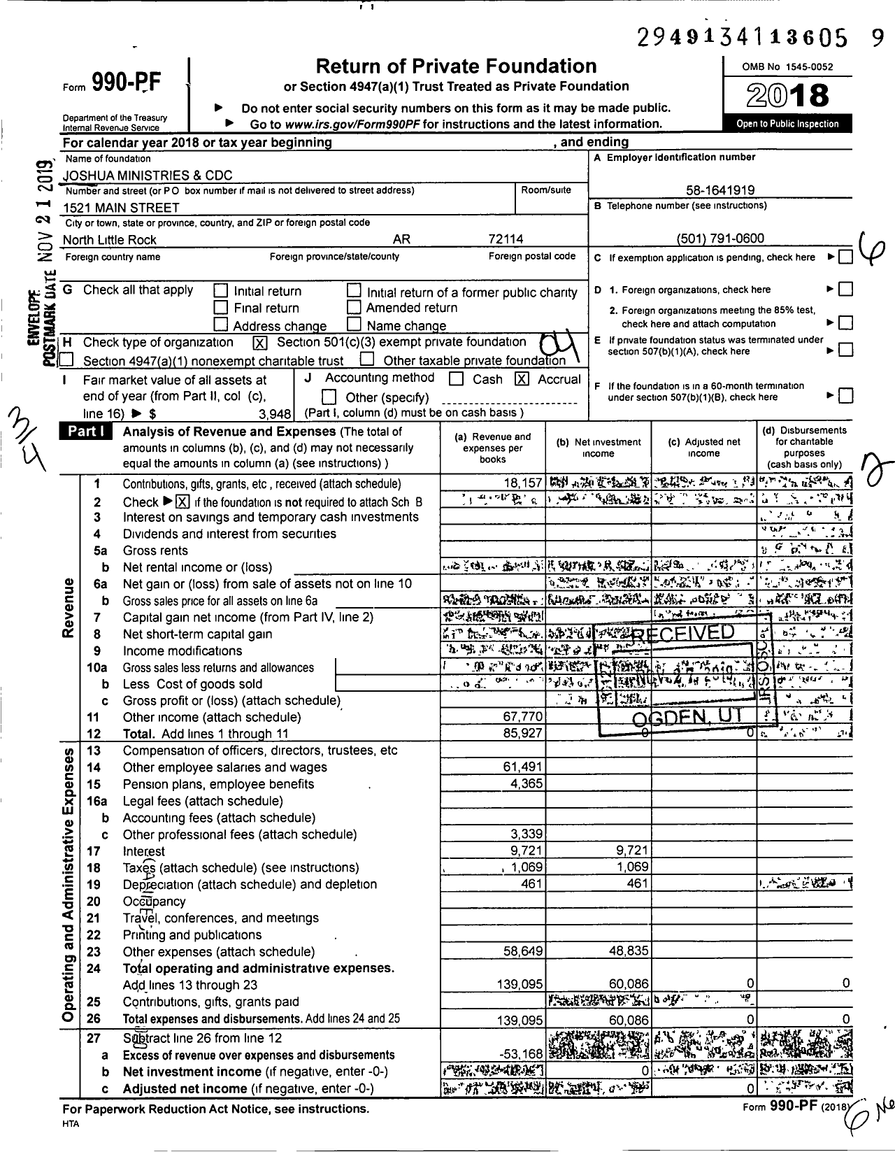 Image of first page of 2018 Form 990PF for Joshua Ministries and CDC