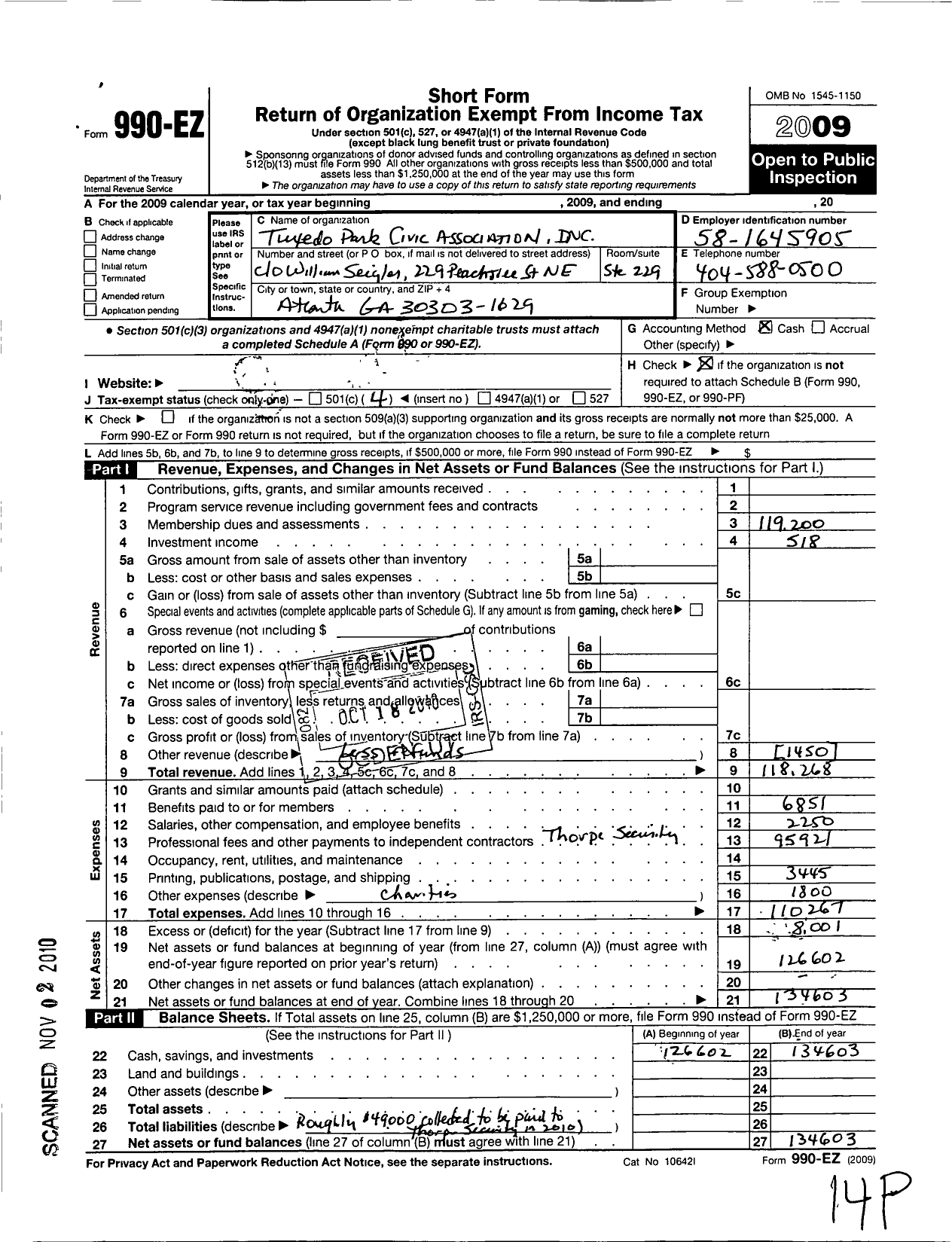 Image of first page of 2009 Form 990EO for Tuxedo Park Civic Association