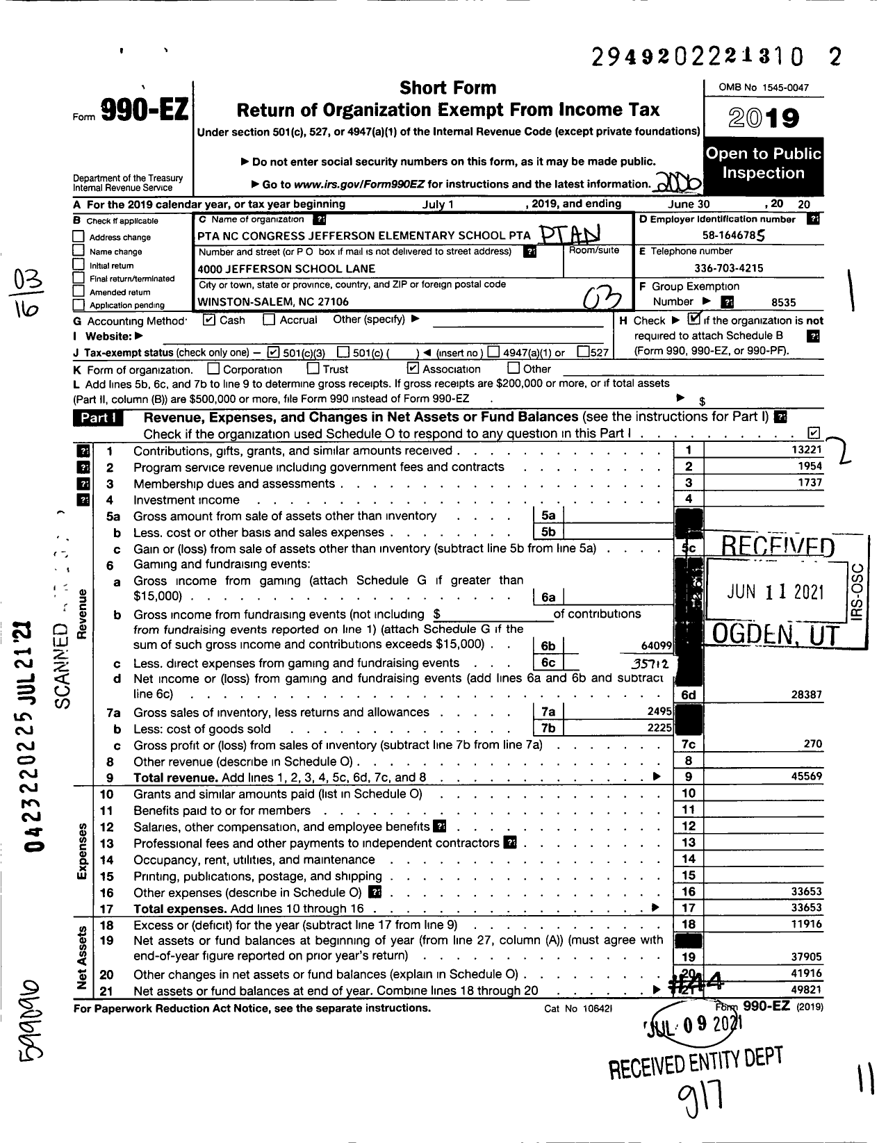 Image of first page of 2019 Form 990EZ for North Carolina PTA - Jefferson Elementary PTA