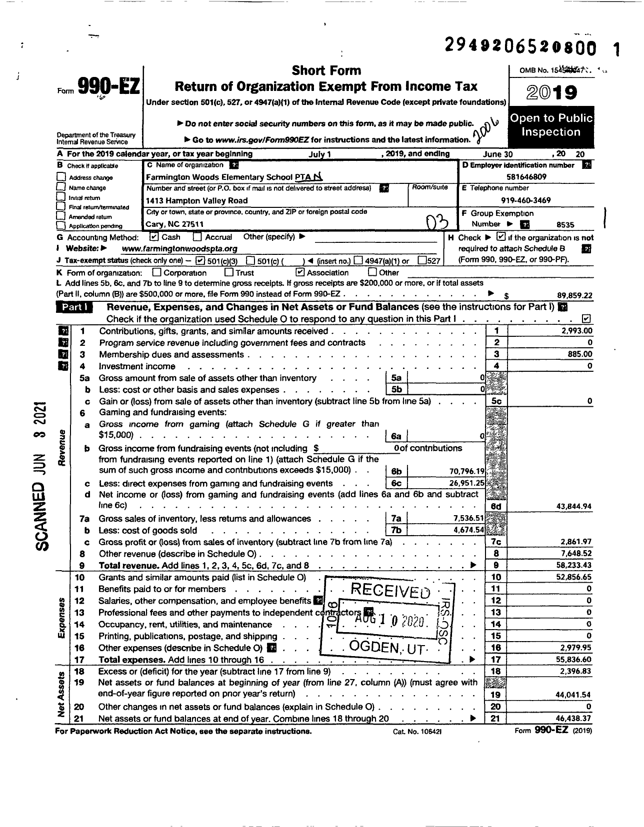 Image of first page of 2019 Form 990EZ for North Carolina PTA - Farmington Woods PTA