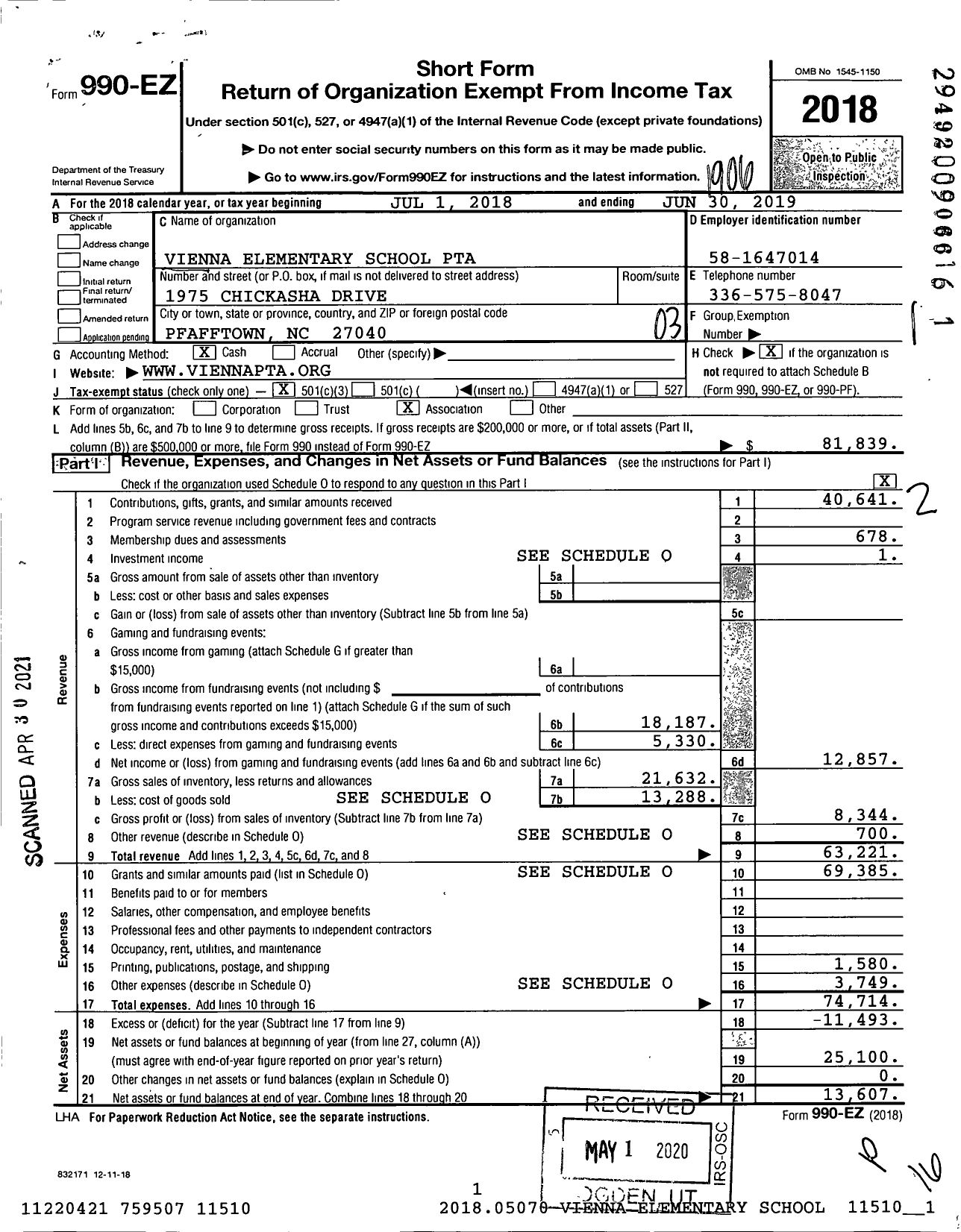 Image of first page of 2018 Form 990EZ for North Carolina PTA - Vienna School PTA