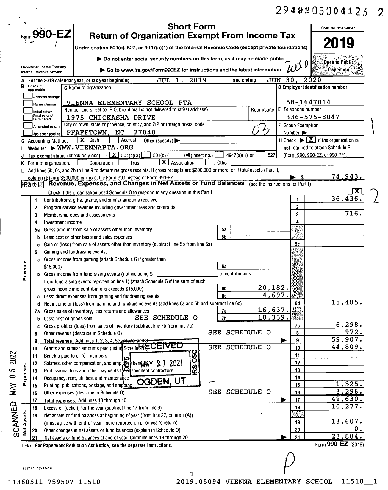 Image of first page of 2019 Form 990EZ for North Carolina PTA - Vienna School PTA
