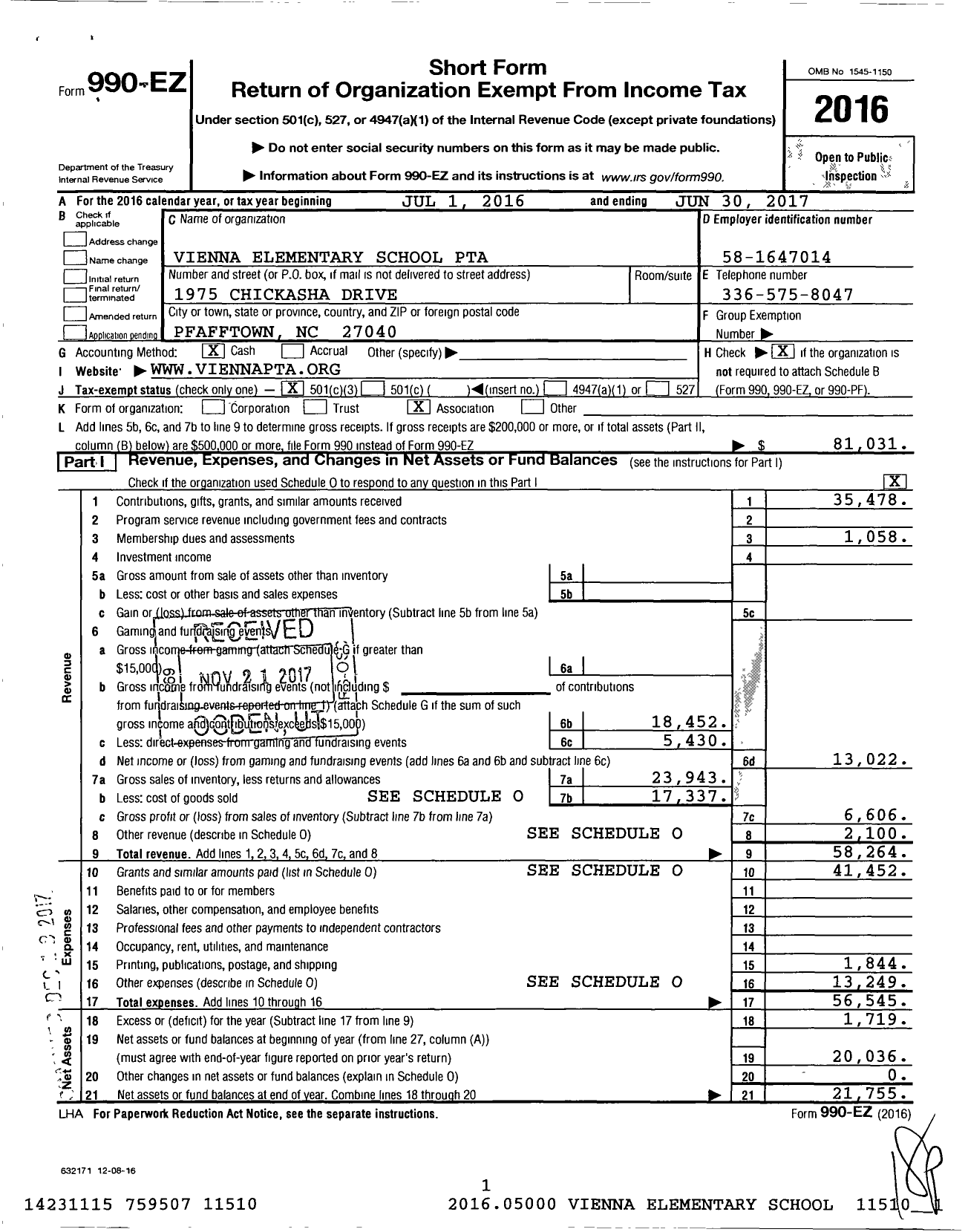 Image of first page of 2016 Form 990EZ for North Carolina PTA - Vienna School PTA