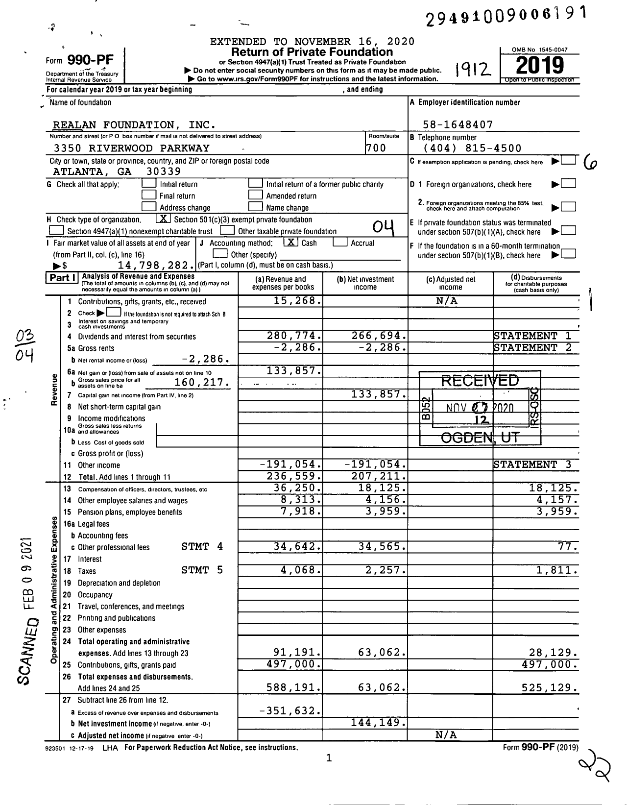 Image of first page of 2019 Form 990PF for Realan Foundation