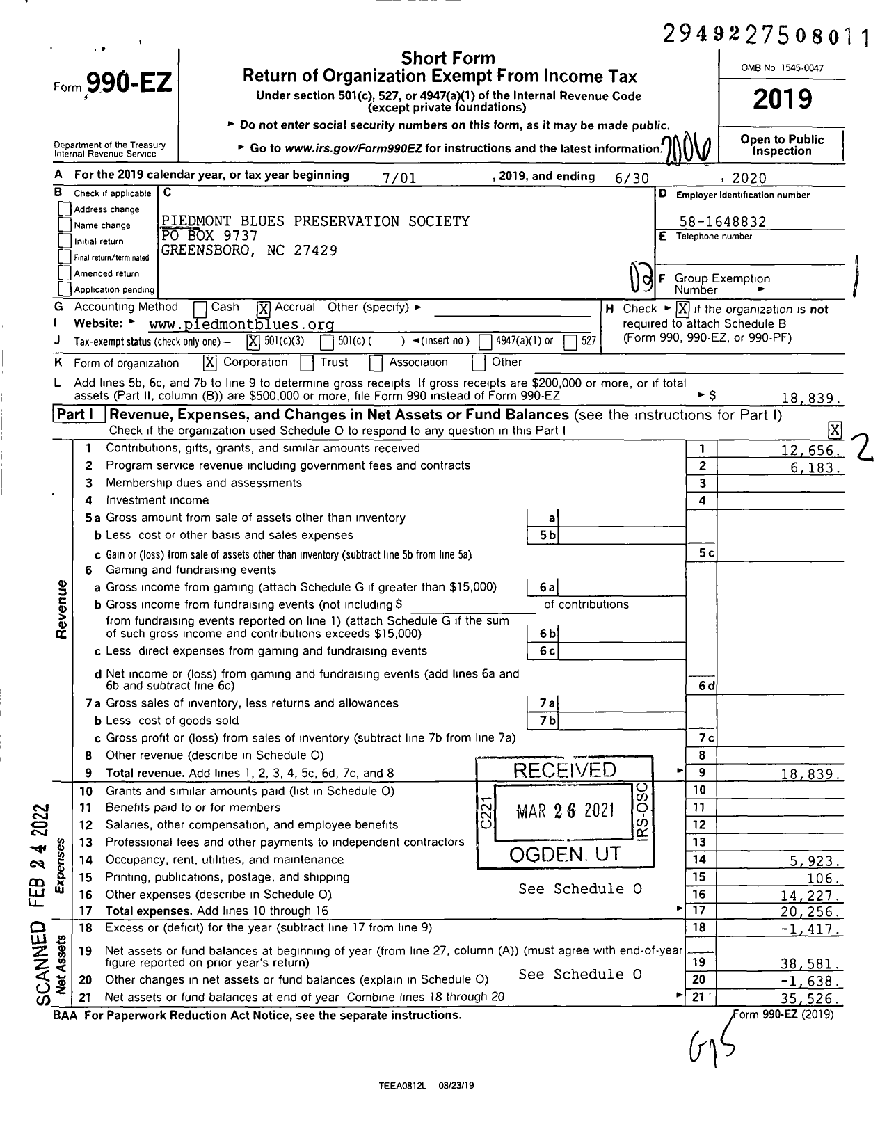 Image of first page of 2019 Form 990EZ for Piedmont Blues Preservation Society