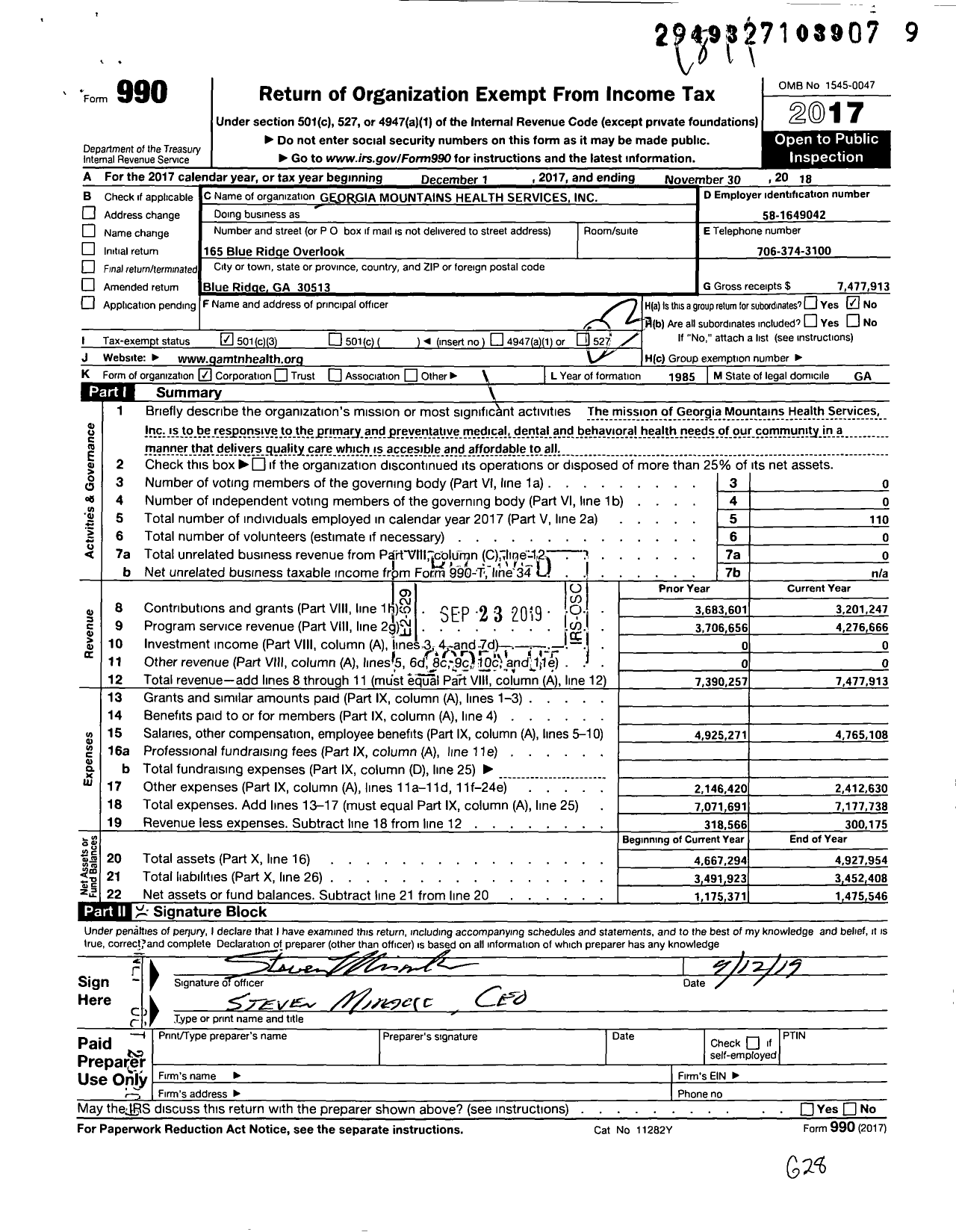 Image of first page of 2017 Form 990 for Georgia Mountains Health Services
