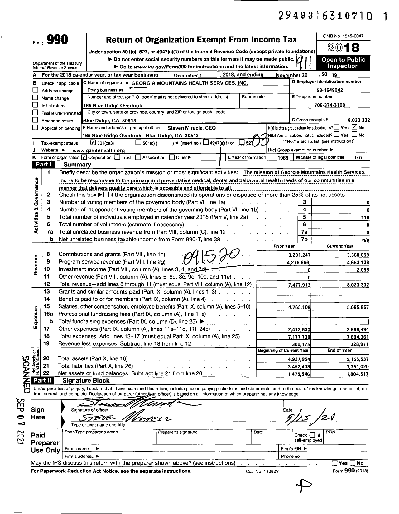 Image of first page of 2018 Form 990 for Georgia Mountains Health Services