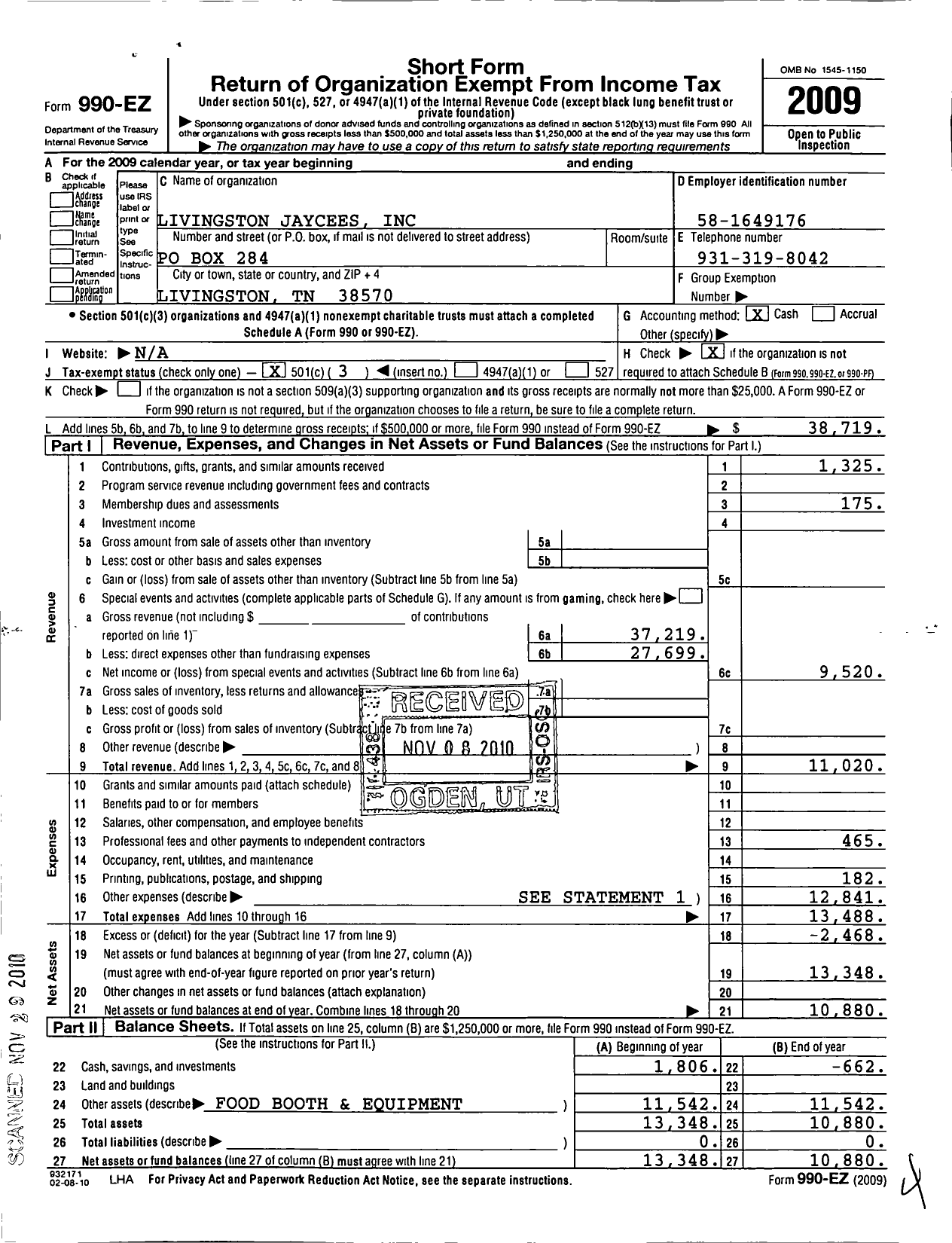 Image of first page of 2009 Form 990EZ for United States Junior Chamber of Commerce / TN State Organization