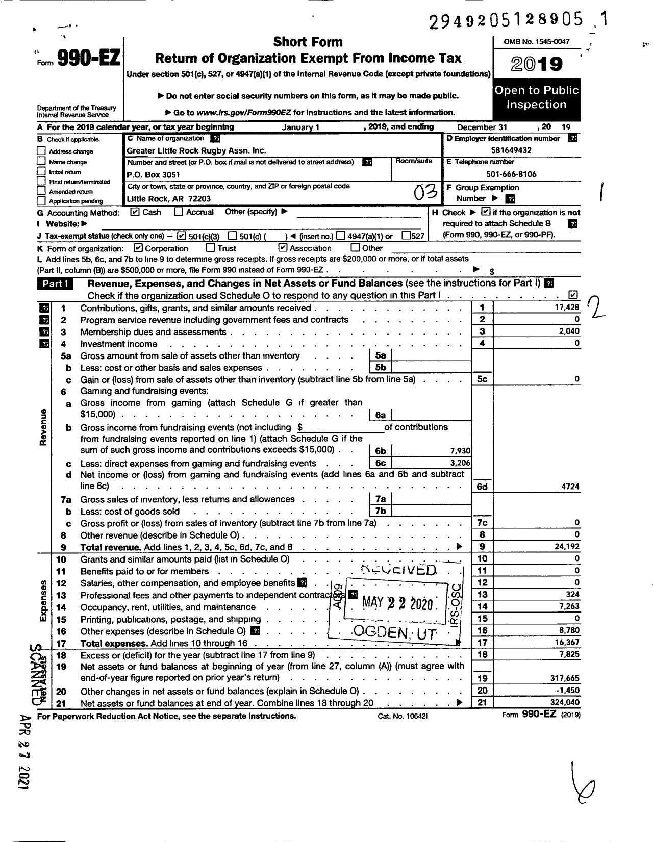 Image of first page of 2019 Form 990EZ for Greater Little Rock Rugby Association