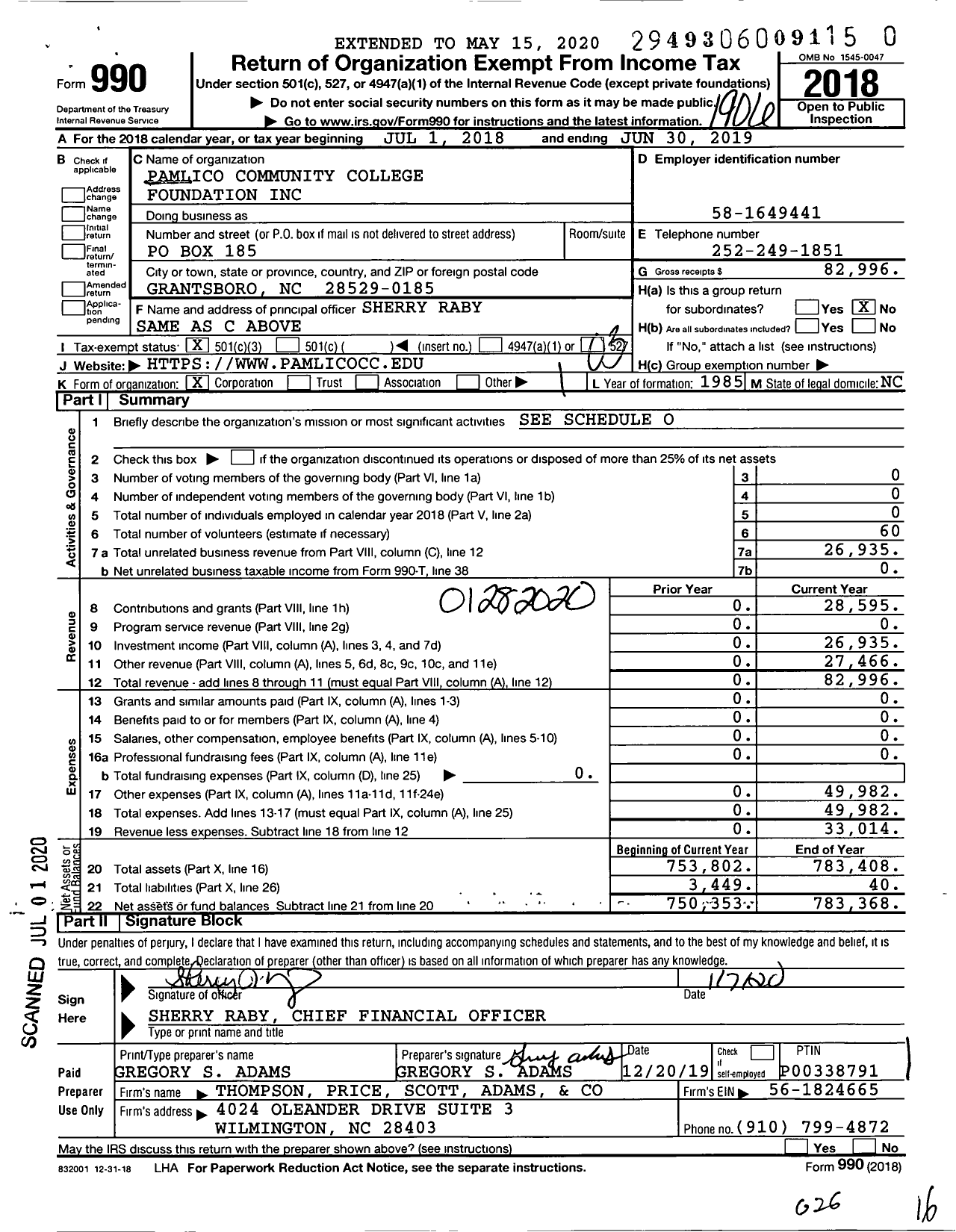 Image of first page of 2018 Form 990 for Pamlico Community College Foundation