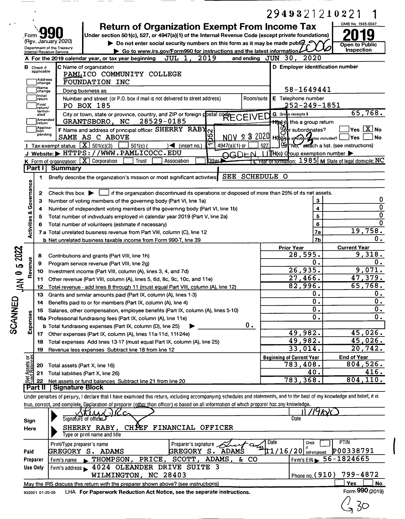 Image of first page of 2019 Form 990 for Pamlico Community College Foundation