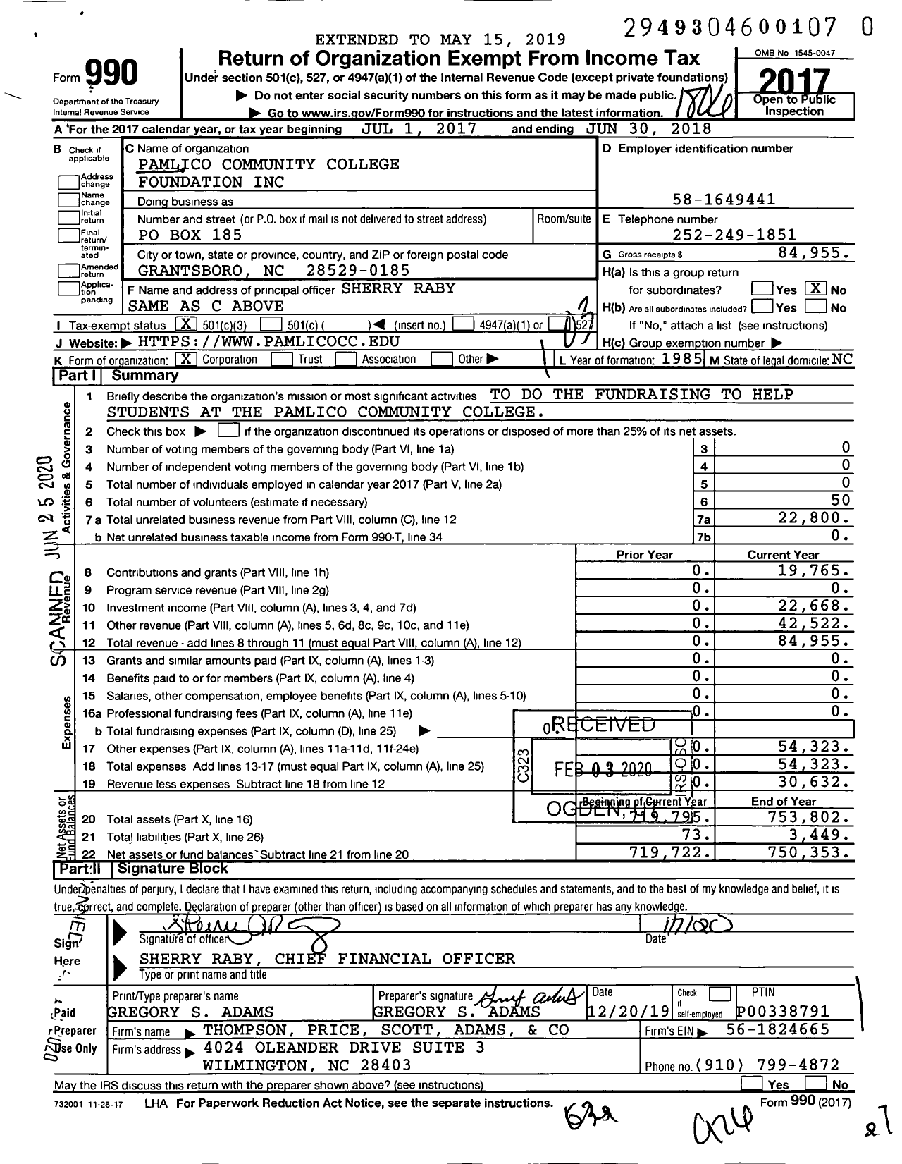 Image of first page of 2017 Form 990 for Pamlico Community College Foundation