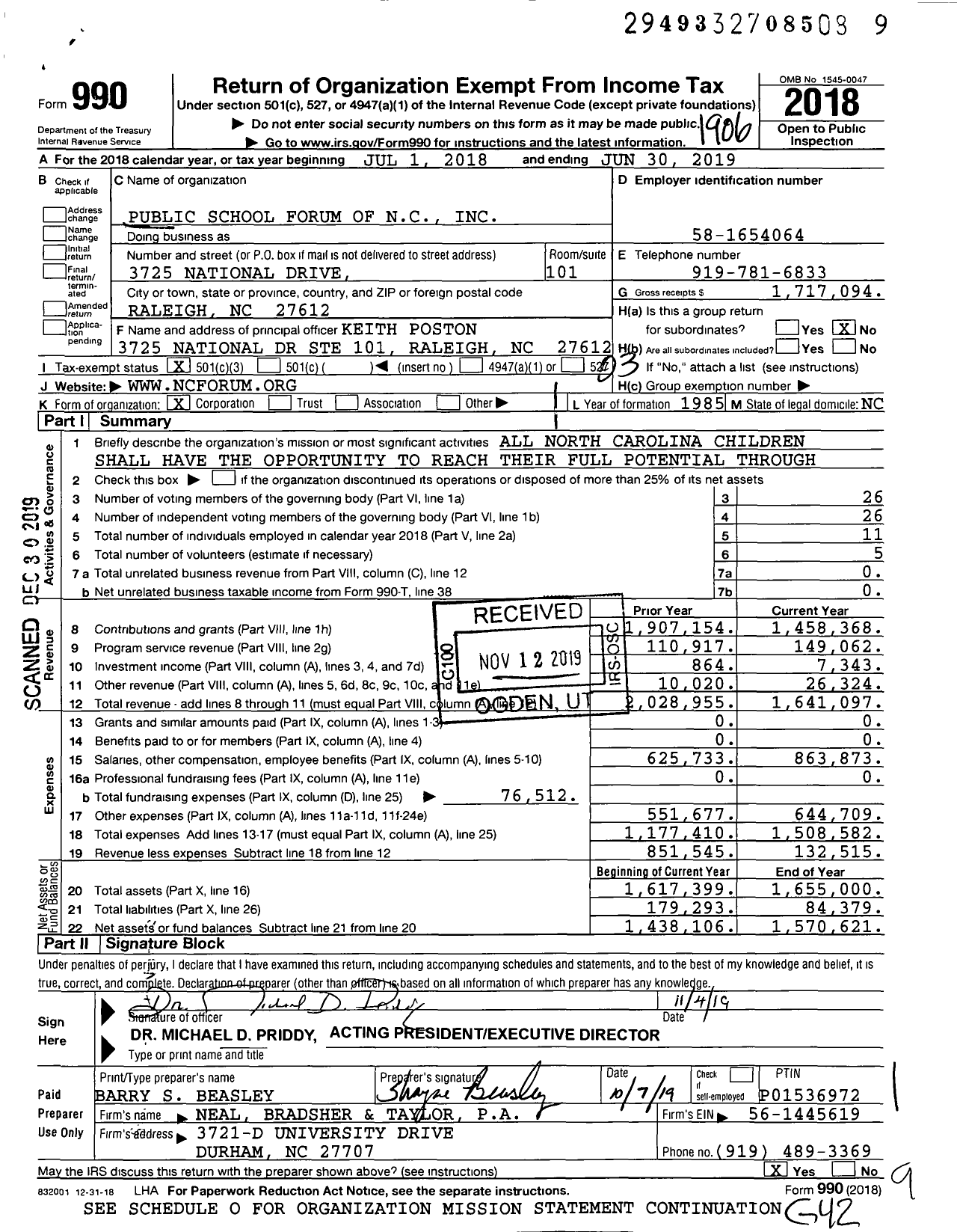 Image of first page of 2018 Form 990 for Public School Forum of NC