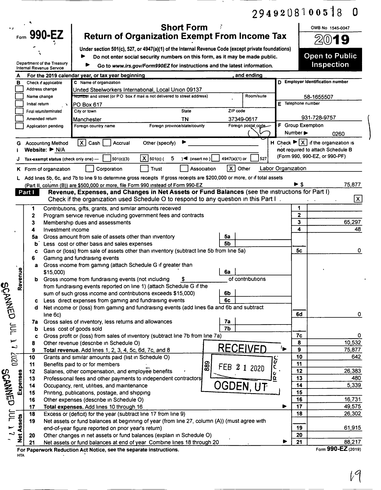 Image of first page of 2019 Form 990EO for United Steelworkers - 9137 Local District 9