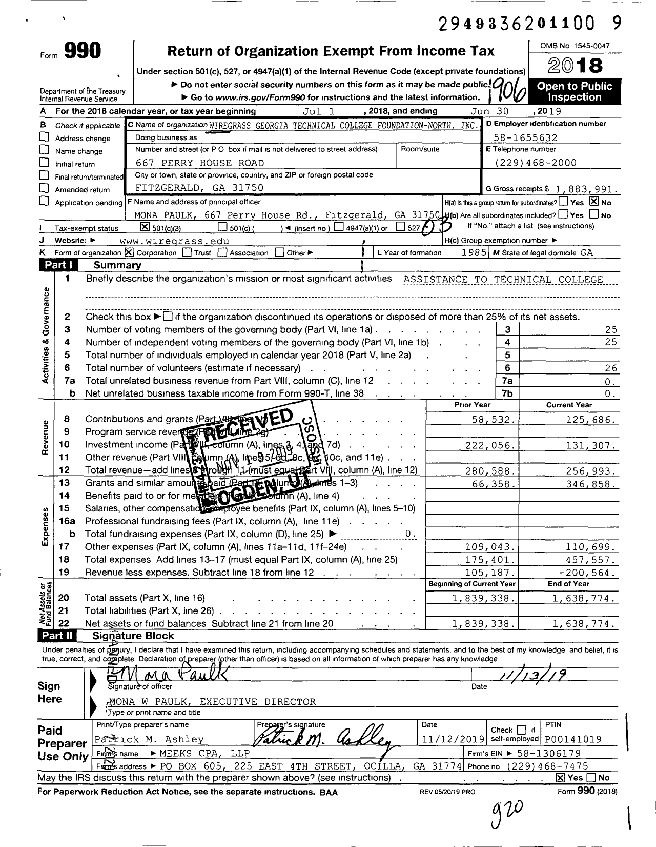 Image of first page of 2018 Form 990 for Wiregrass Georgia Technical College Foundation-North