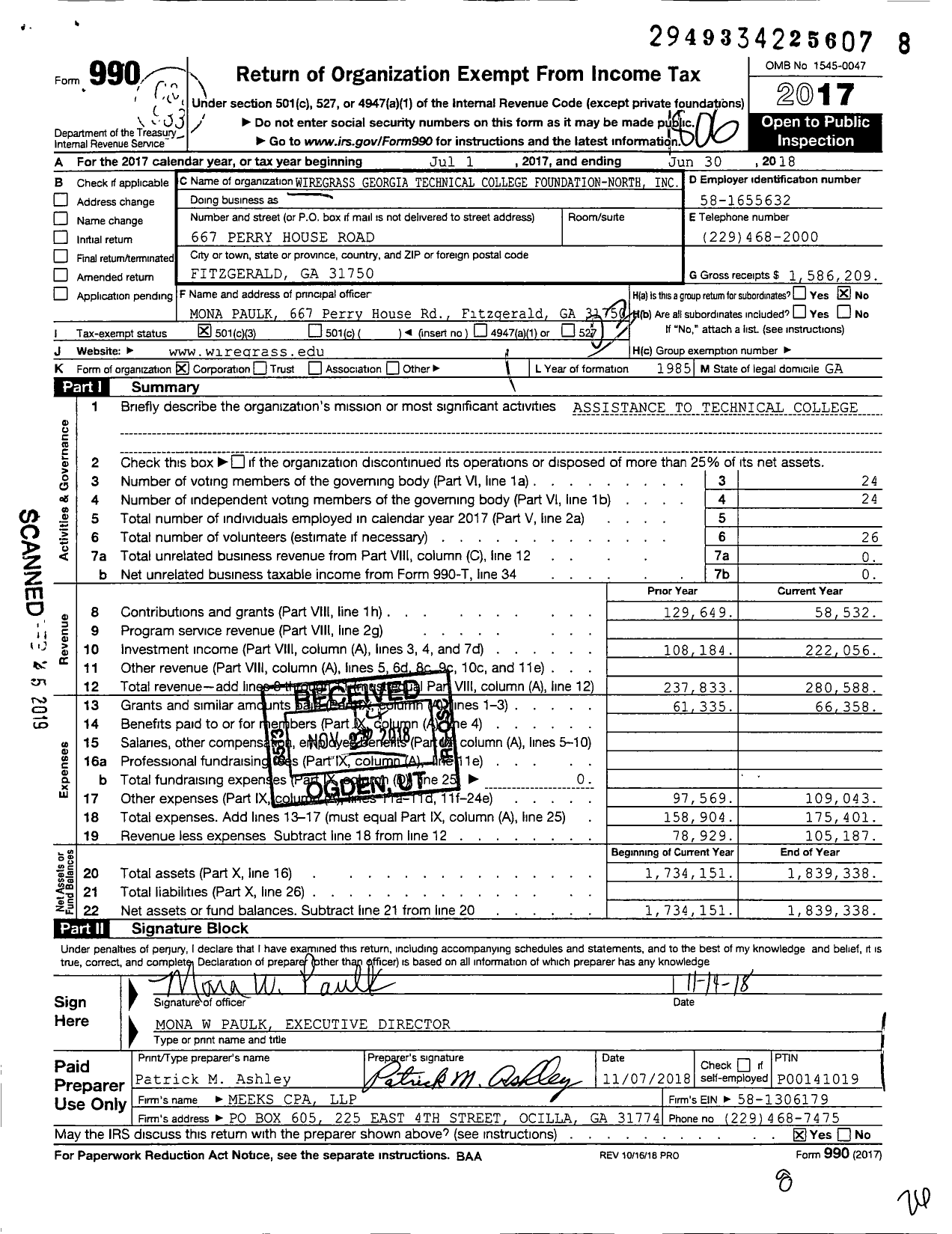 Image of first page of 2017 Form 990 for Wiregrass Georgia Technical College Foundation-North