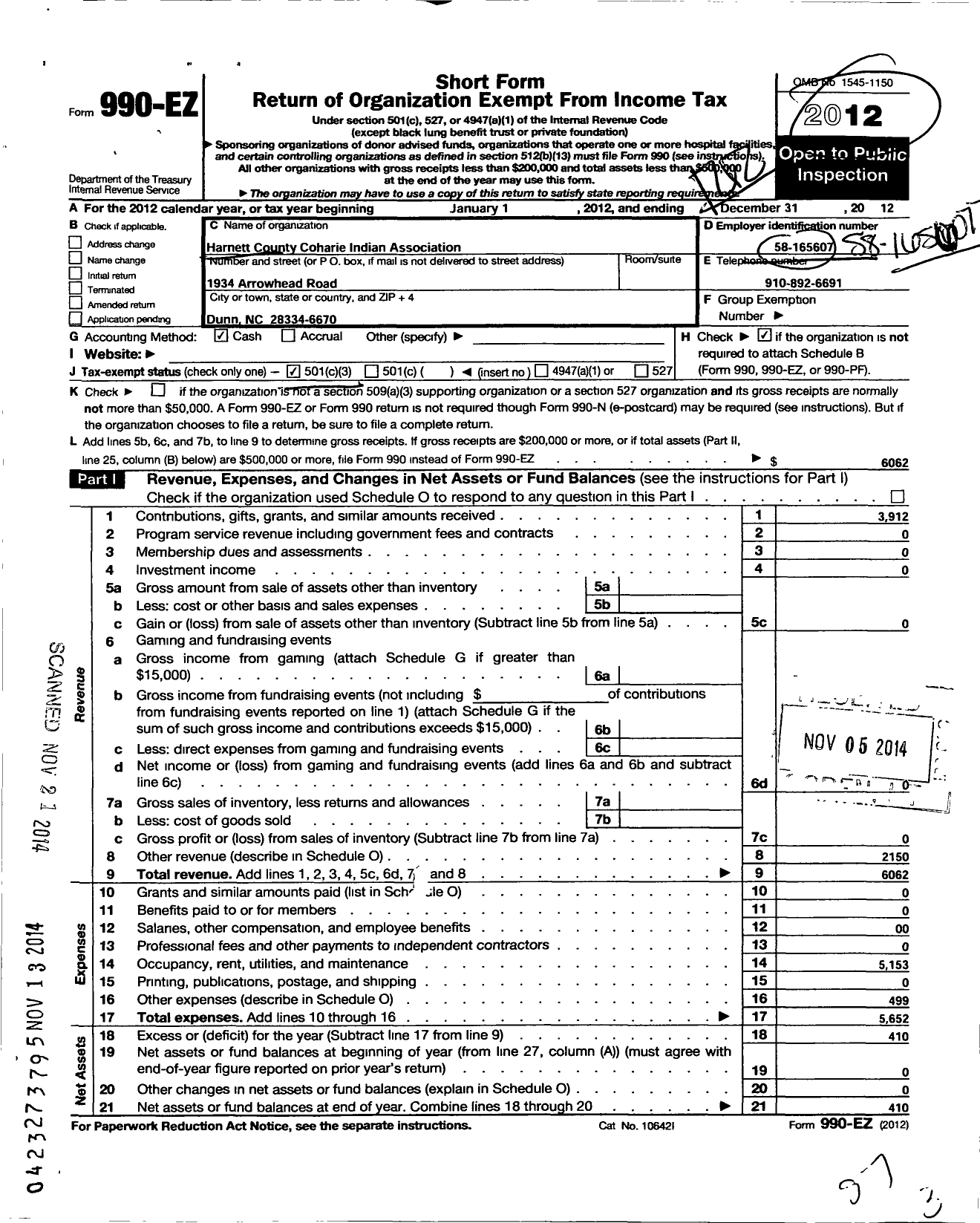 Image of first page of 2012 Form 990EZ for Harnett County Coharie Indian Association