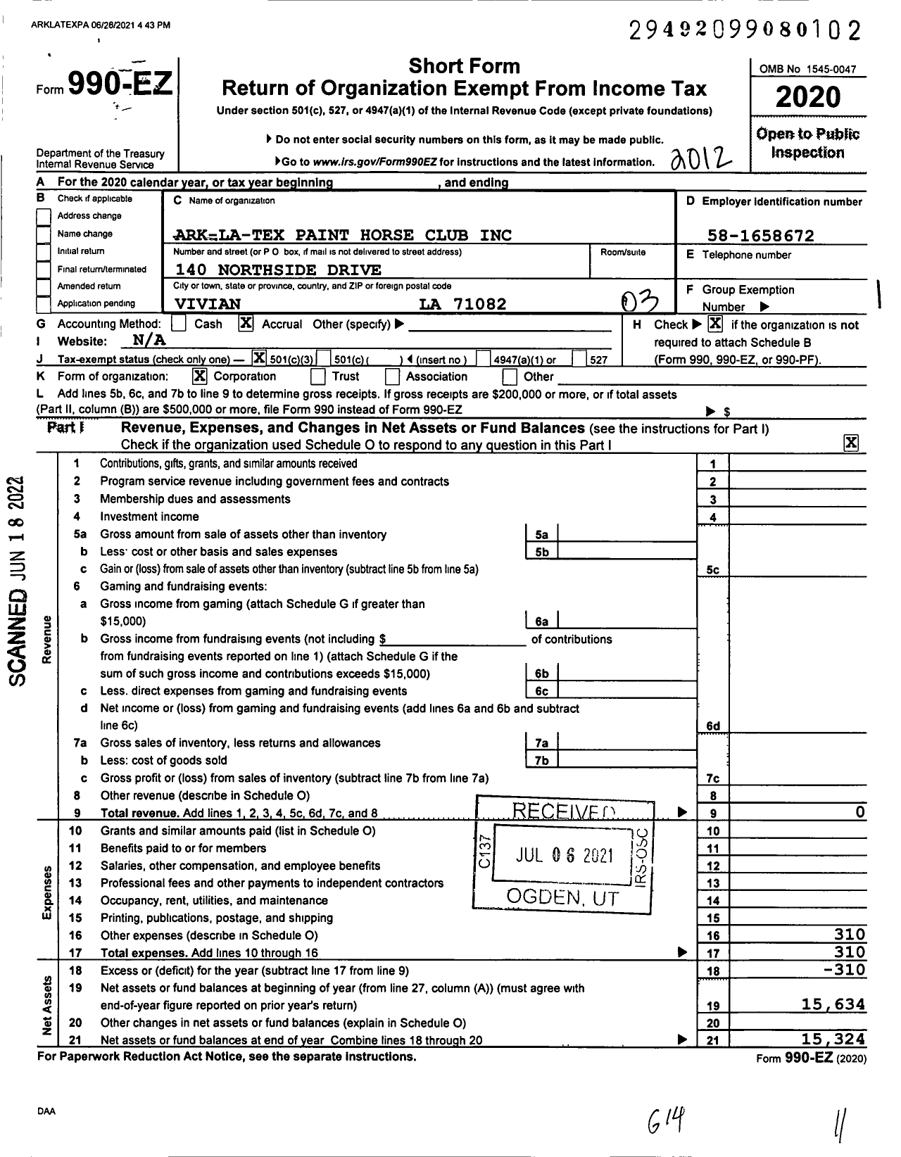 Image of first page of 2020 Form 990EZ for Ark-La-Tex Paint Horse Club