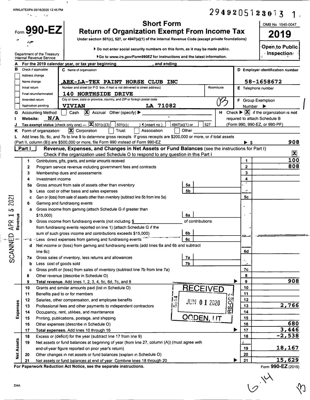 Image of first page of 2019 Form 990EZ for Ark-La-Tex Paint Horse Club