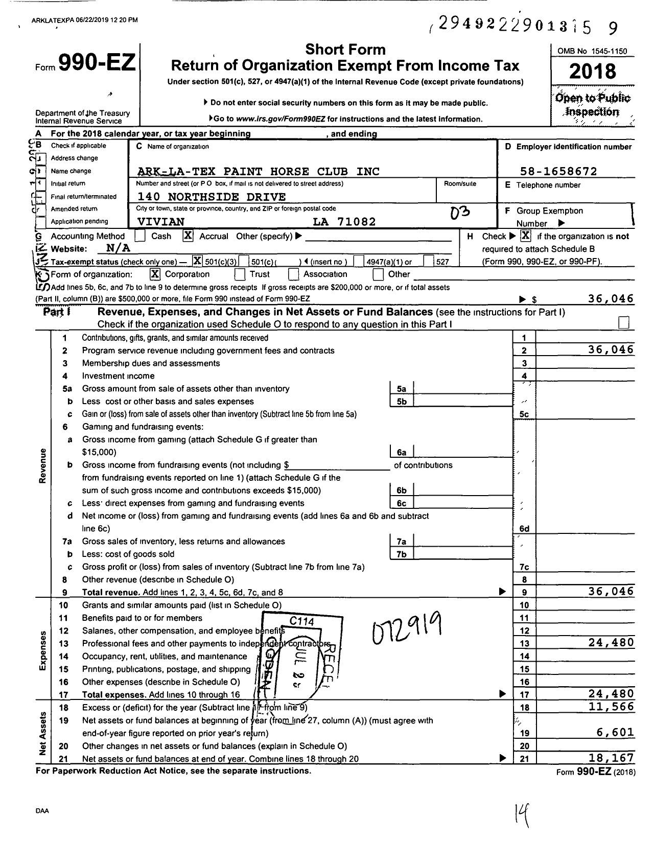 Image of first page of 2018 Form 990EZ for Ark-La-Tex Paint Horse Club