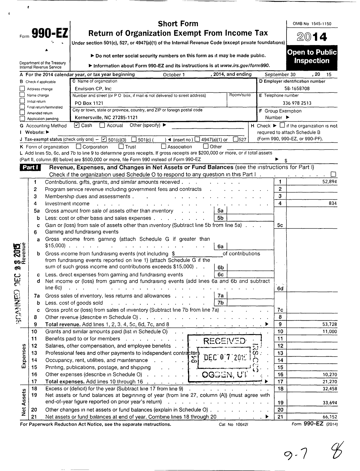 Image of first page of 2014 Form 990EZ for Envision CP