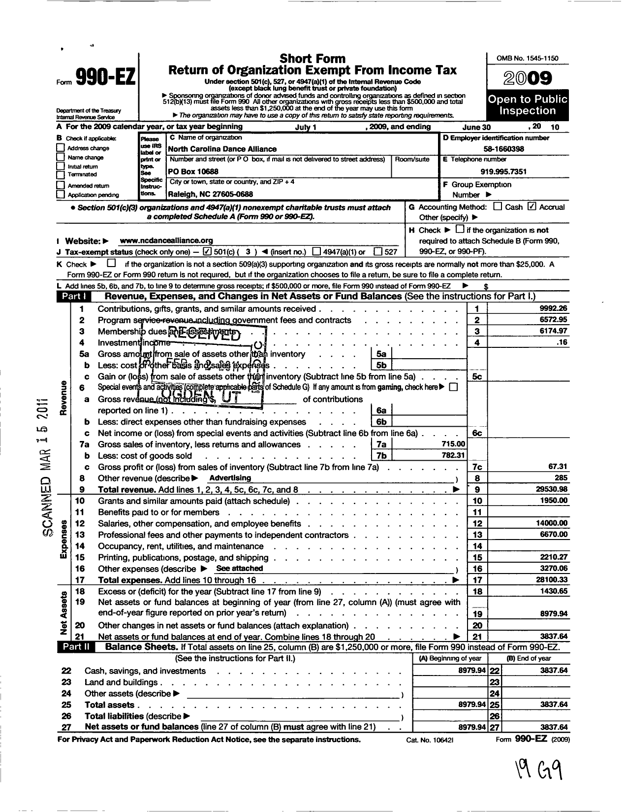 Image of first page of 2009 Form 990EZ for North Carolina Dance Alliance