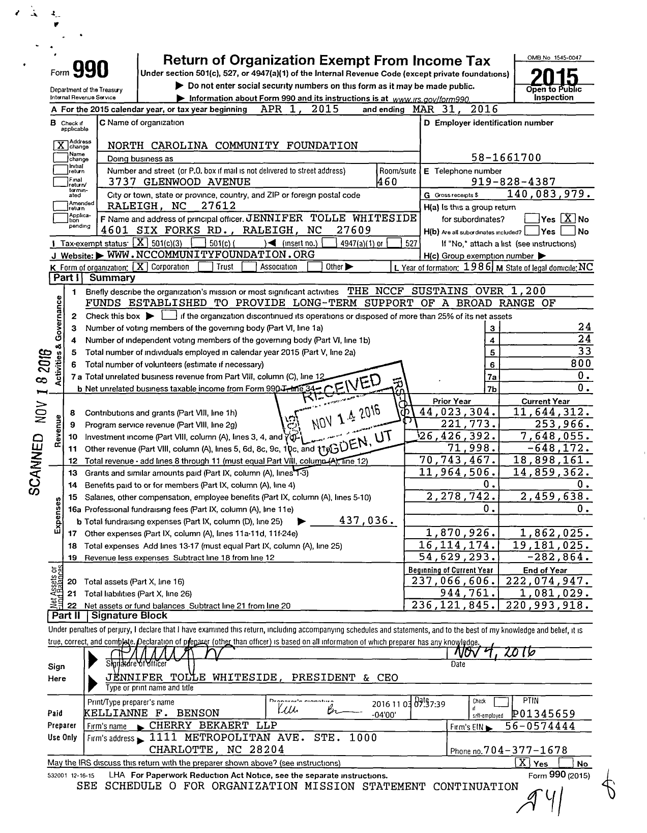 Image of first page of 2015 Form 990 for North Carolina Community Foundation (NCCF)