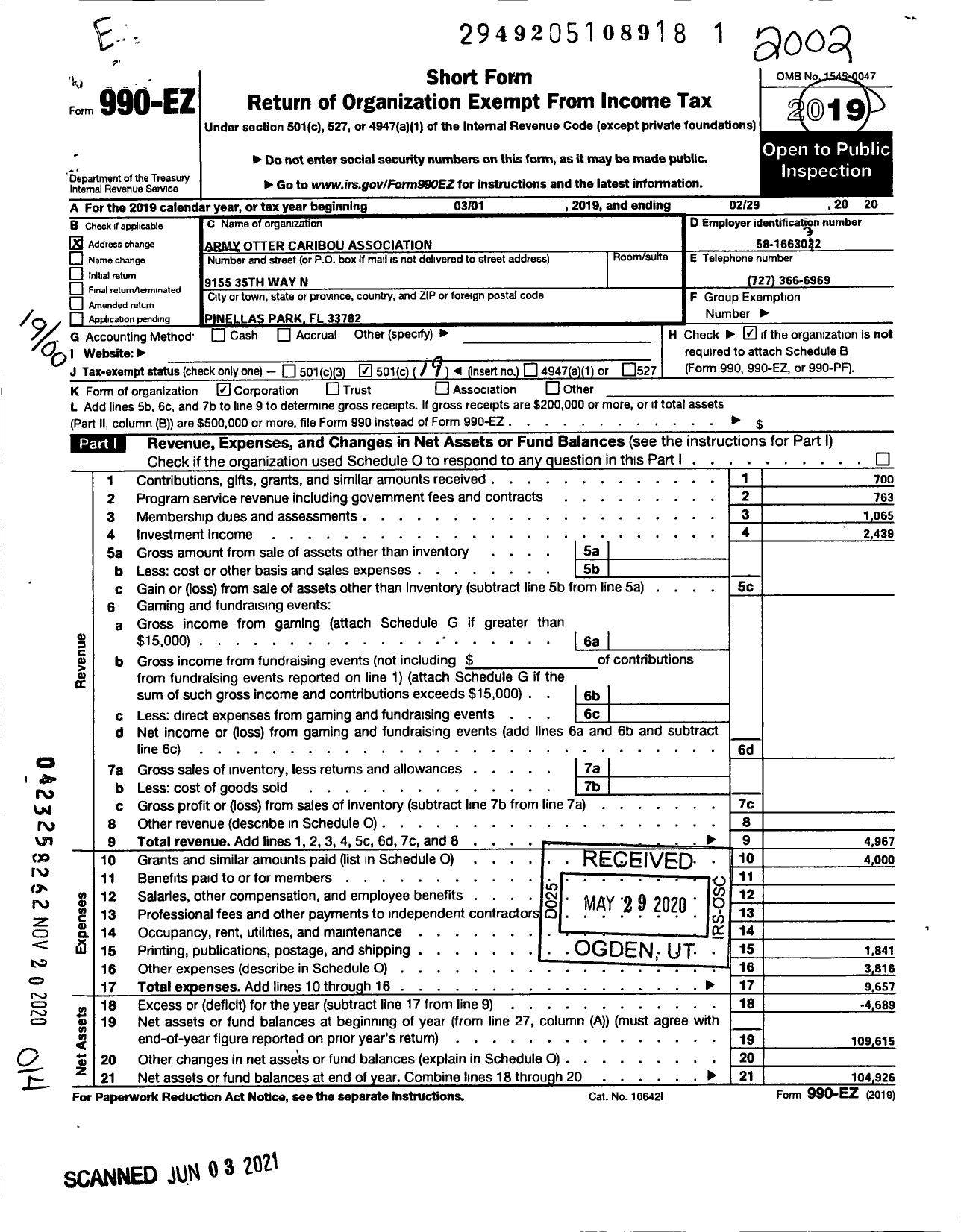 Image of first page of 2019 Form 990EO for The Army Otter and Caribou Association