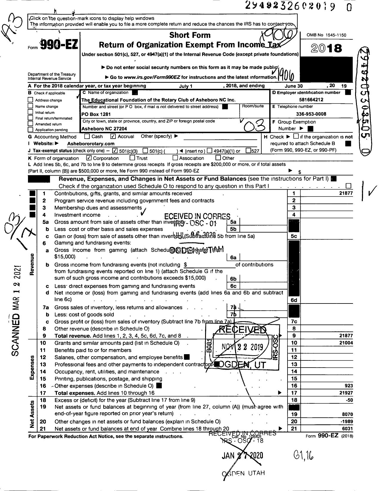 Image of first page of 2018 Form 990EZ for Educational Foundation of the Rotary Club of Asheboro NC