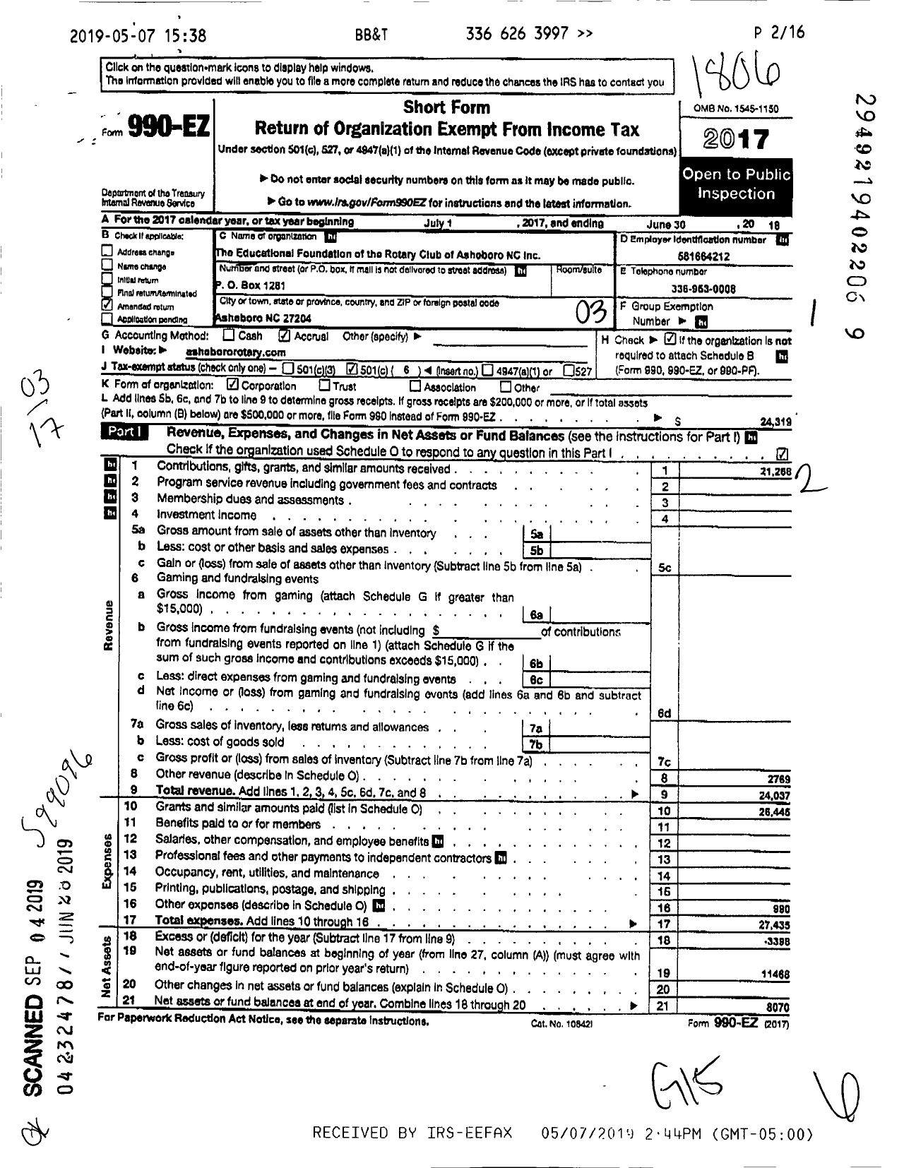 Image of first page of 2017 Form 990EZ for Educational Foundation of the Rotary Club of Asheboro NC