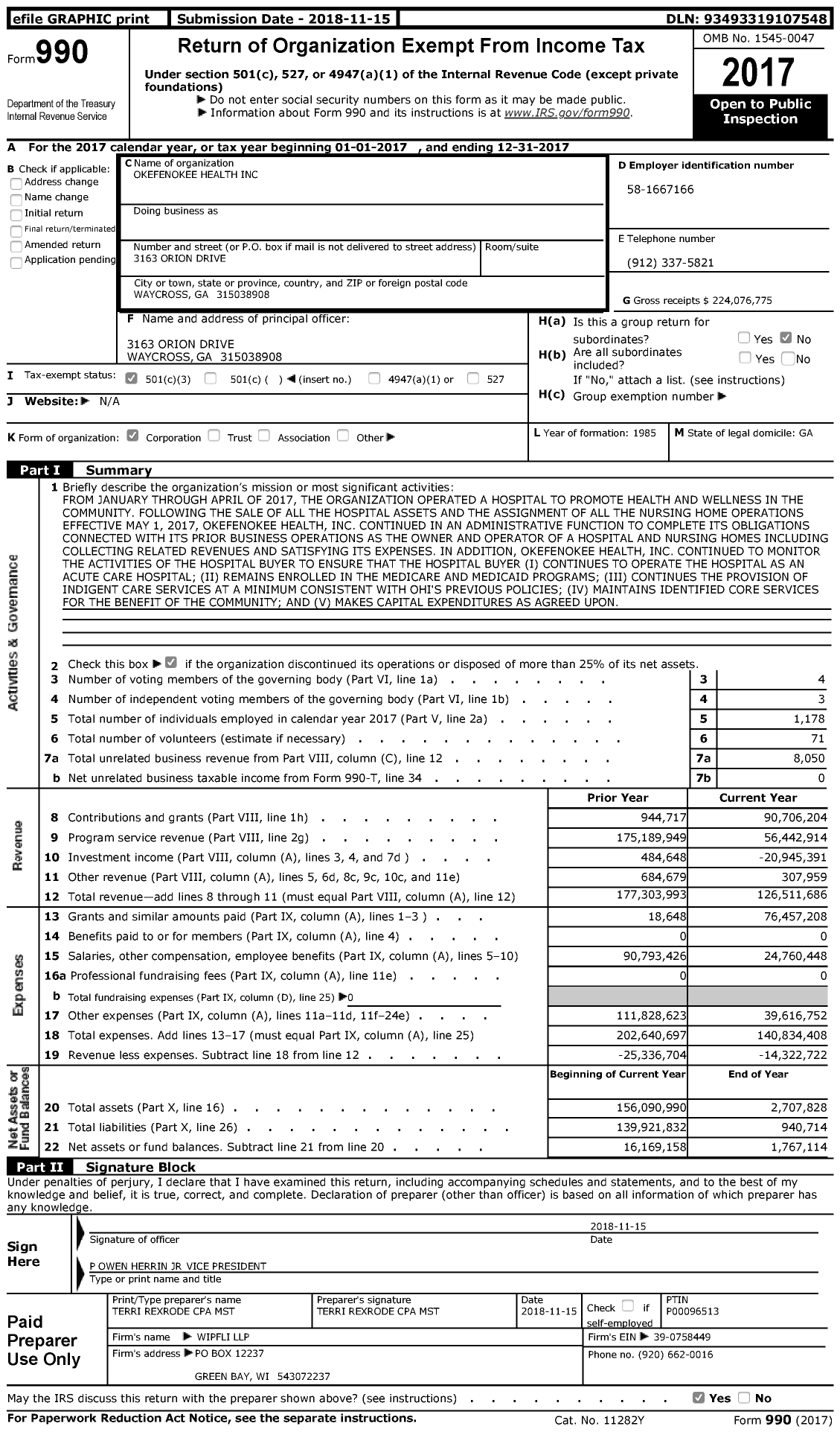 Image of first page of 2017 Form 990 for Okefenokee Health