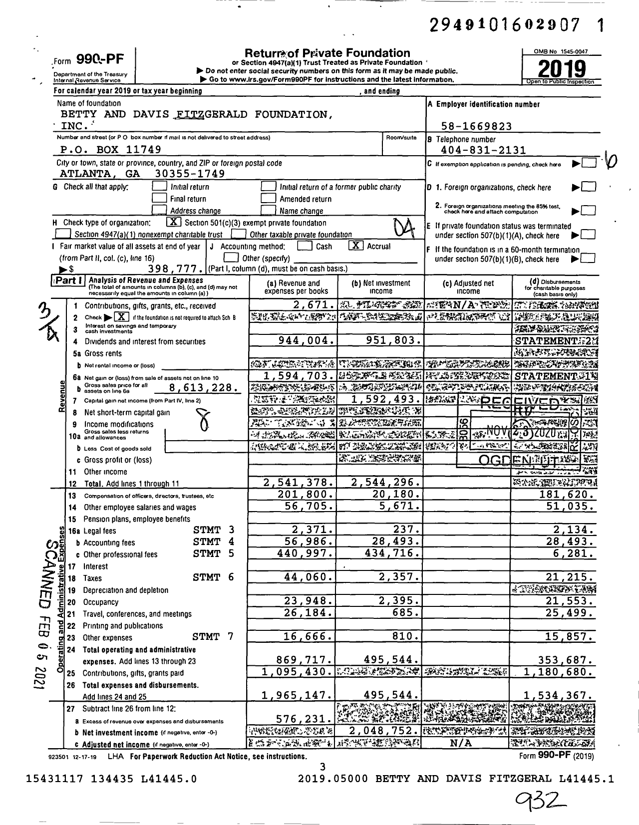 Image of first page of 2019 Form 990PF for Betty and Davis Fitzgerald Foundation