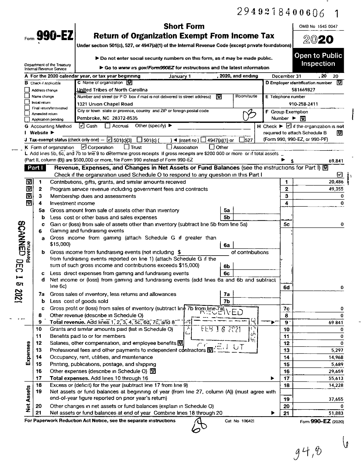 Image of first page of 2020 Form 990EZ for United Tribes of North Carolina