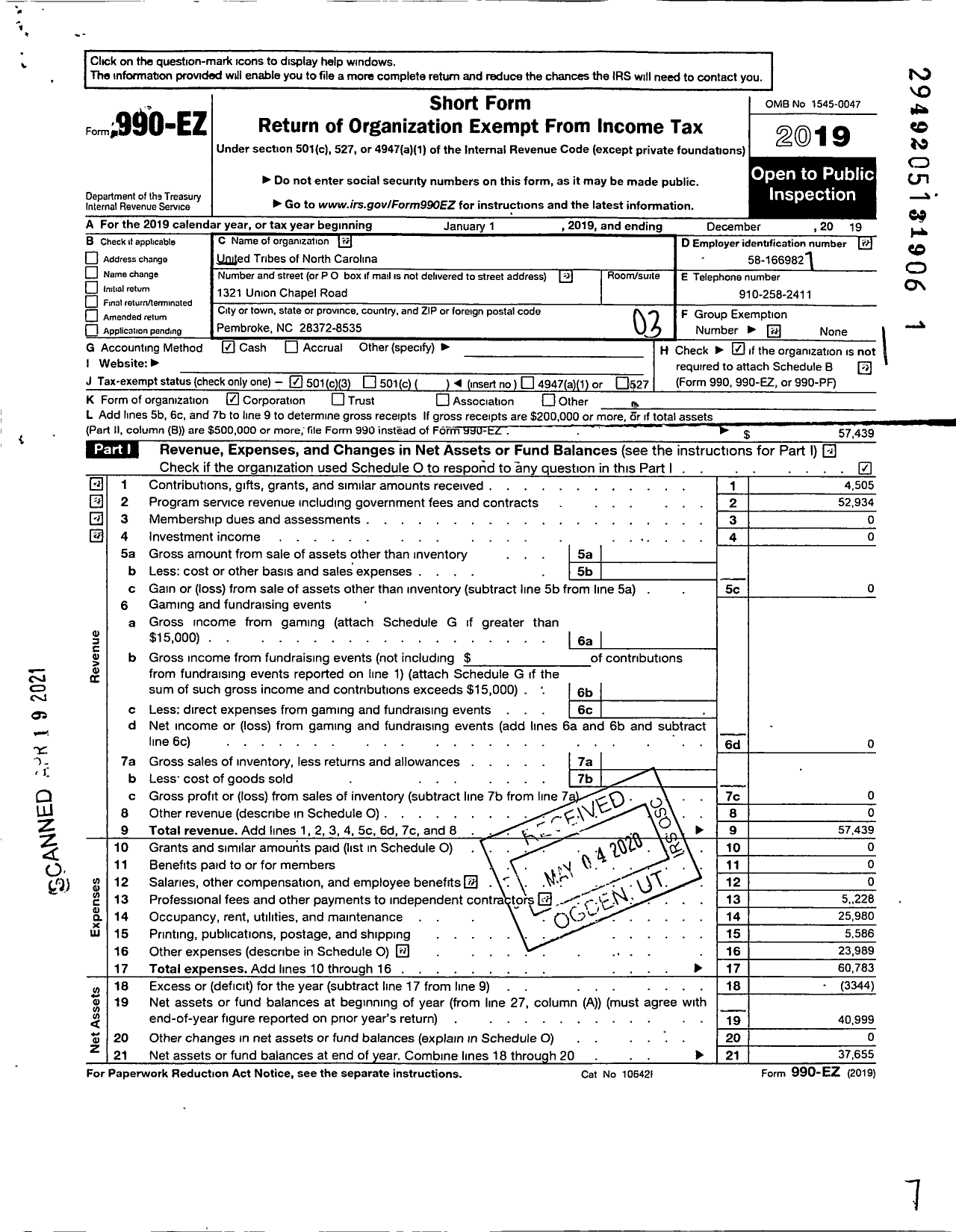 Image of first page of 2019 Form 990EZ for United Tribes of North Carolina