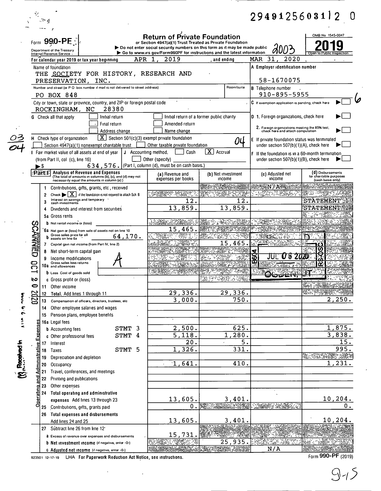 Image of first page of 2019 Form 990PR for The Society for History Research and Preservation