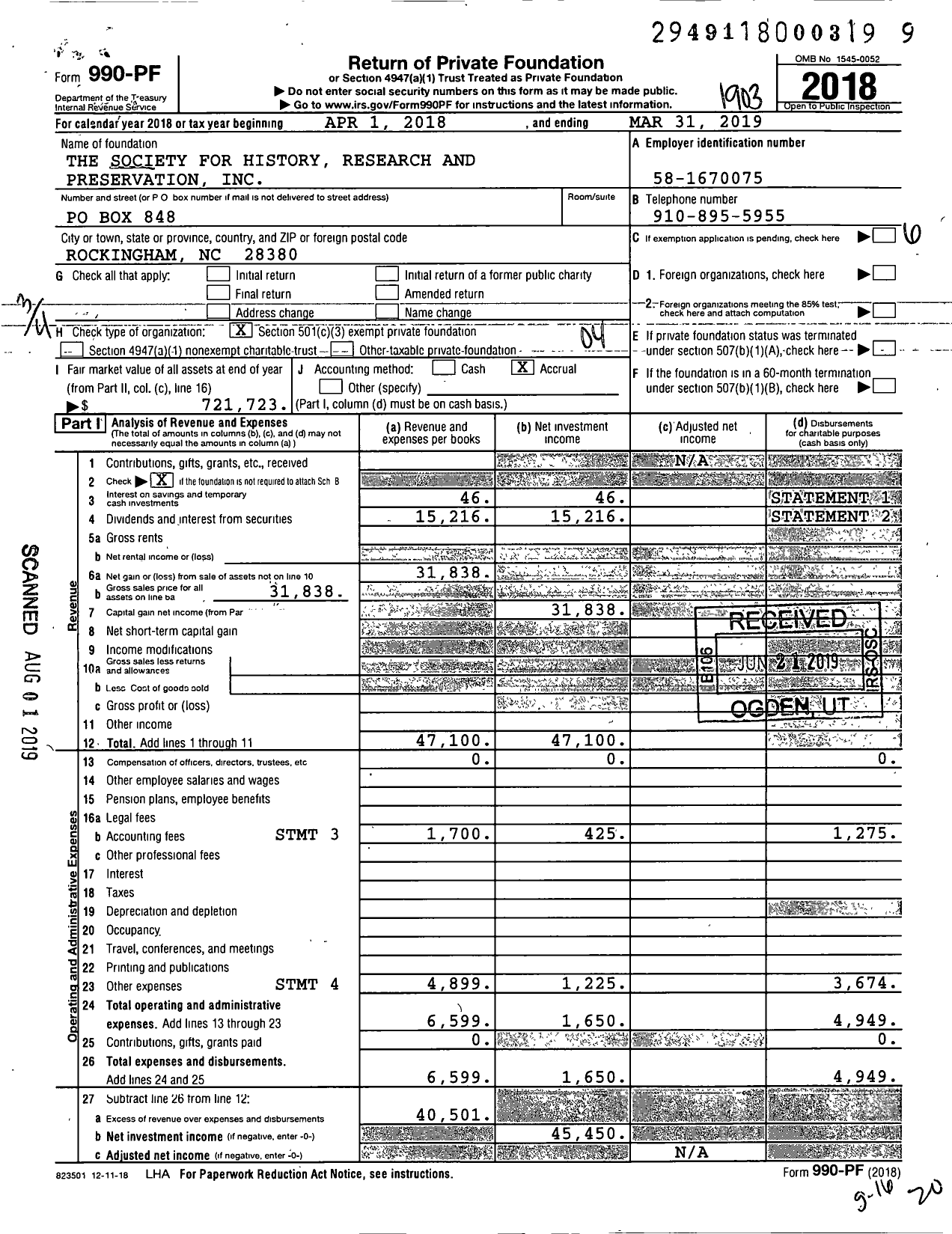 Image of first page of 2018 Form 990PF for The Society for History Research and Preservation