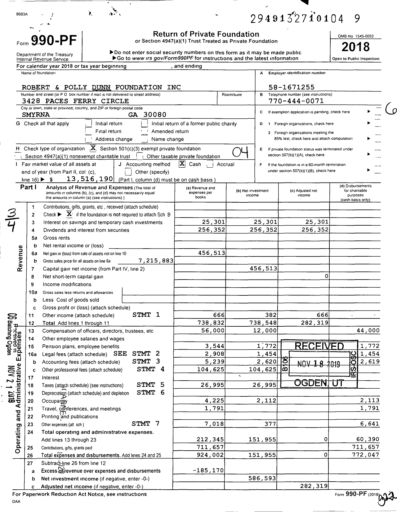 Image of first page of 2018 Form 990PF for Robert and Polly Dunn Foundation