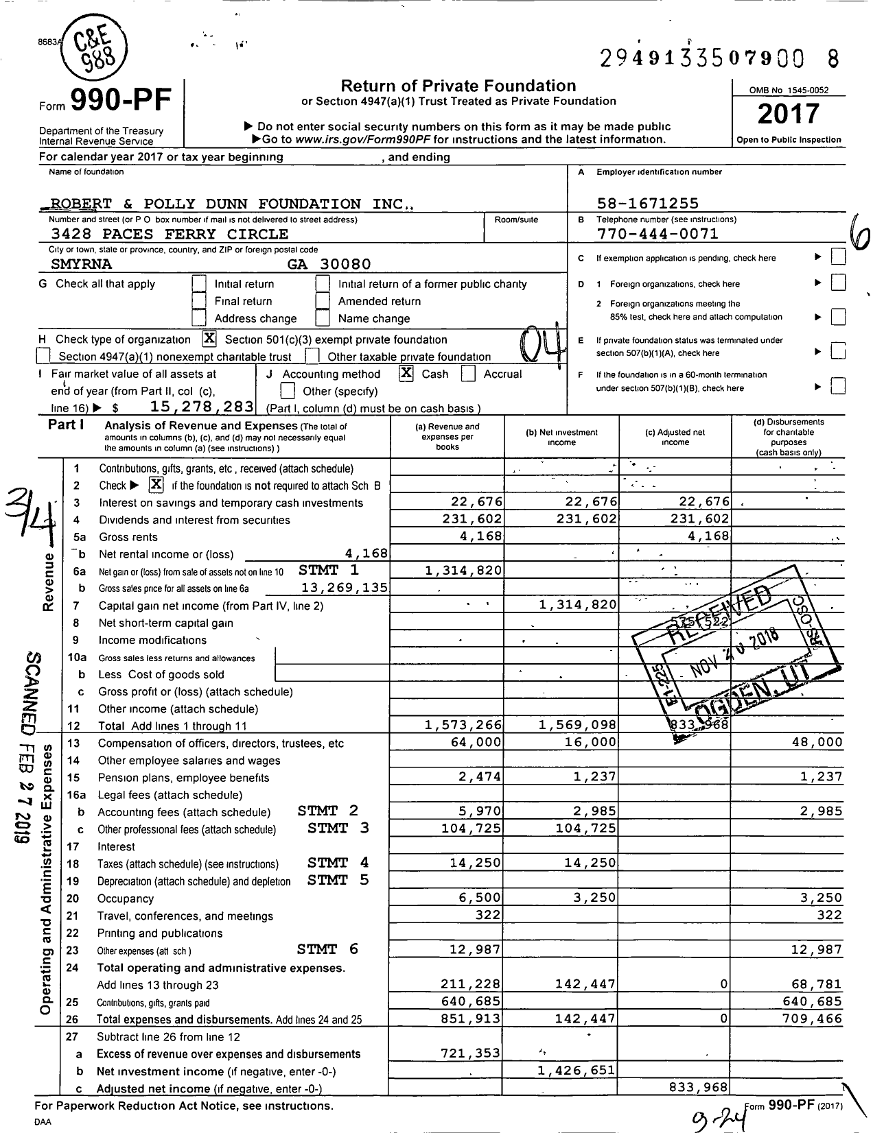 Image of first page of 2017 Form 990PF for Robert and Polly Dunn Foundation